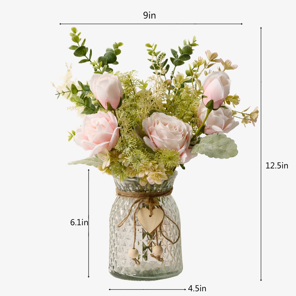 YJ Fake Flowers with Vase, Silk Roses Artificial Flowers in Vase, Faux Flower Plant Arrangement Suitable for Home Office Decoration, Dining Table Centerpiece(White)