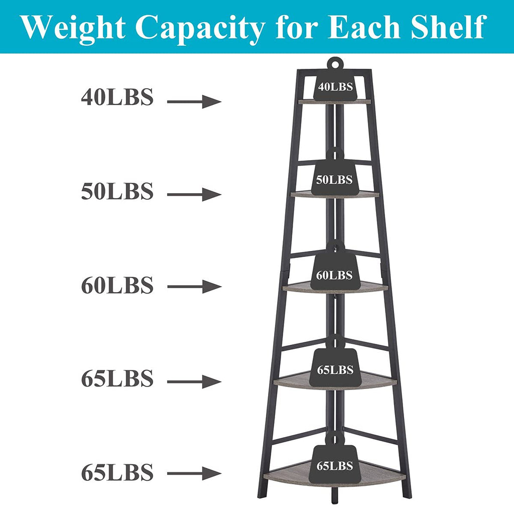 BON AUGURE 5-Tier Corner Ladder Shelf Stand, Black Metal Wood Corner Bookshelf, Narrow Tall Display Bookcase Shelving Unit for Living Room, Home Office, Small Space (Rustic Oak)