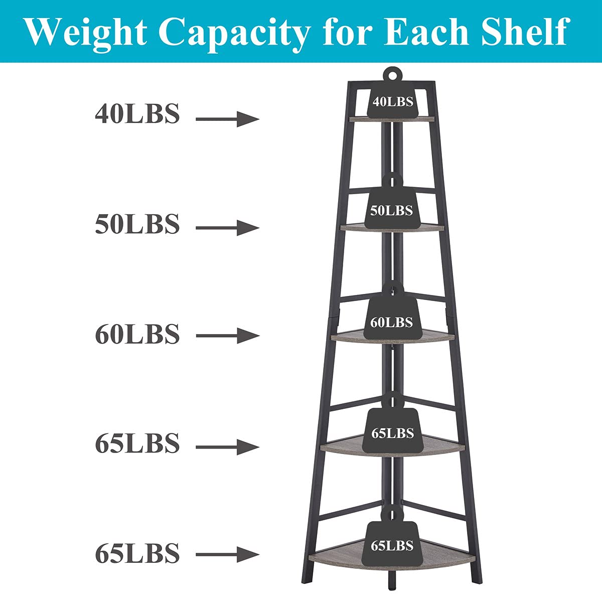 BON AUGURE 5-Tier Corner Ladder Shelf Stand, Black Metal Wood Corner Bookshelf, Narrow Tall Display Bookcase Shelving Unit for Living Room, Home Office, Small Space (Rustic Oak)