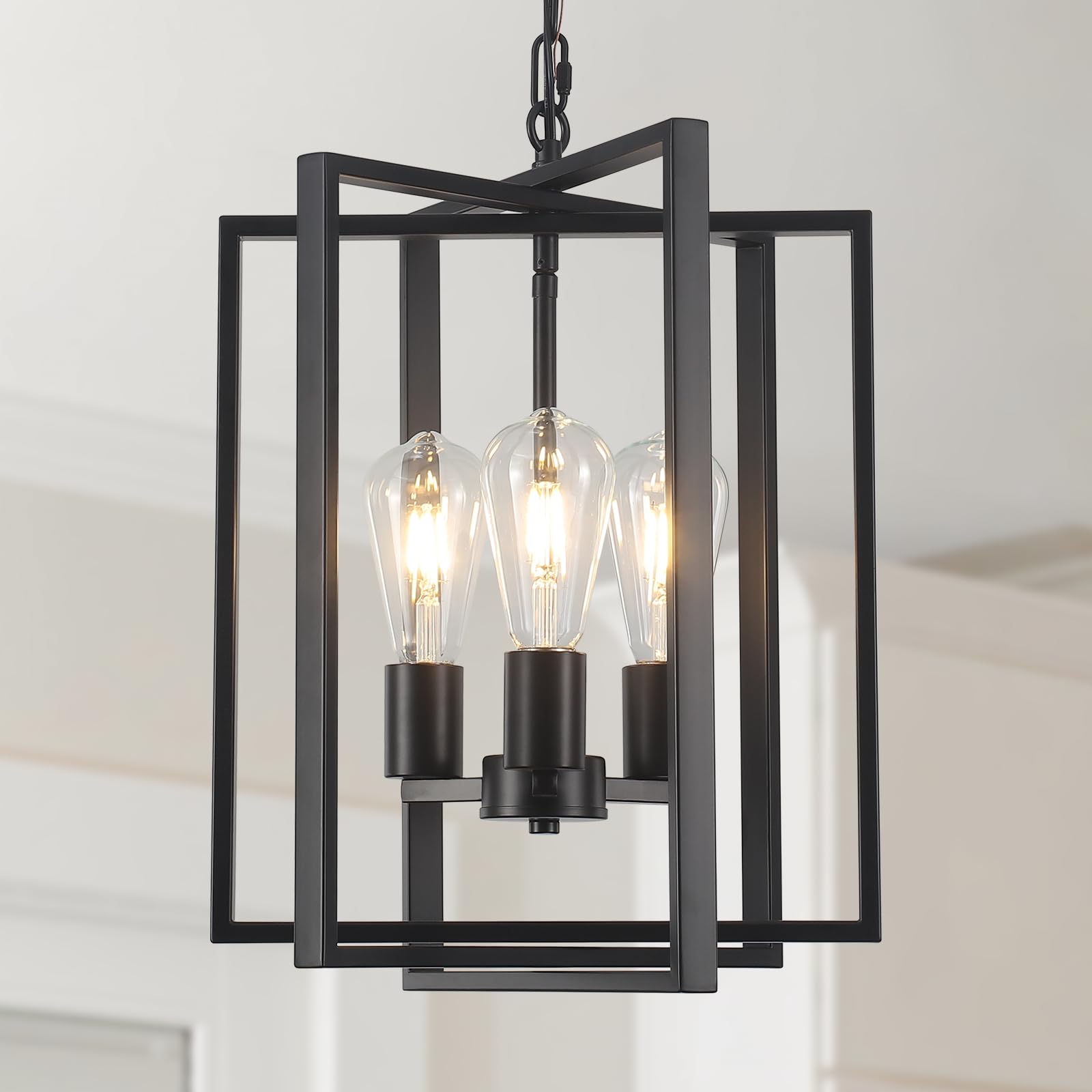 Black Gold Chandelier for Dining Room, Modern Farmhouse 3 Light Entryway Pendant Light Fixture Adjustable Geometric Industrial Rustic Foyer Light for Living Room Kitchen Island Hallway Bedroom