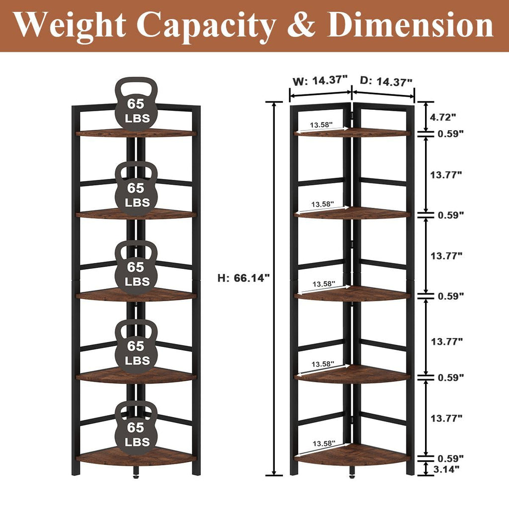BON AUGURE 5-Tier Corner Ladder Shelf Stand, Black Metal Wood Corner Bookshelf, Narrow Tall Display Bookcase Shelving Unit for Living Room, Home Office, Small Space (Rustic Oak)