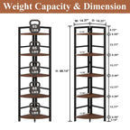 BON AUGURE 5-Tier Corner Ladder Shelf Stand, Black Metal Wood Corner Bookshelf, Narrow Tall Display Bookcase Shelving Unit for Living Room, Home Office, Small Space (Rustic Oak)