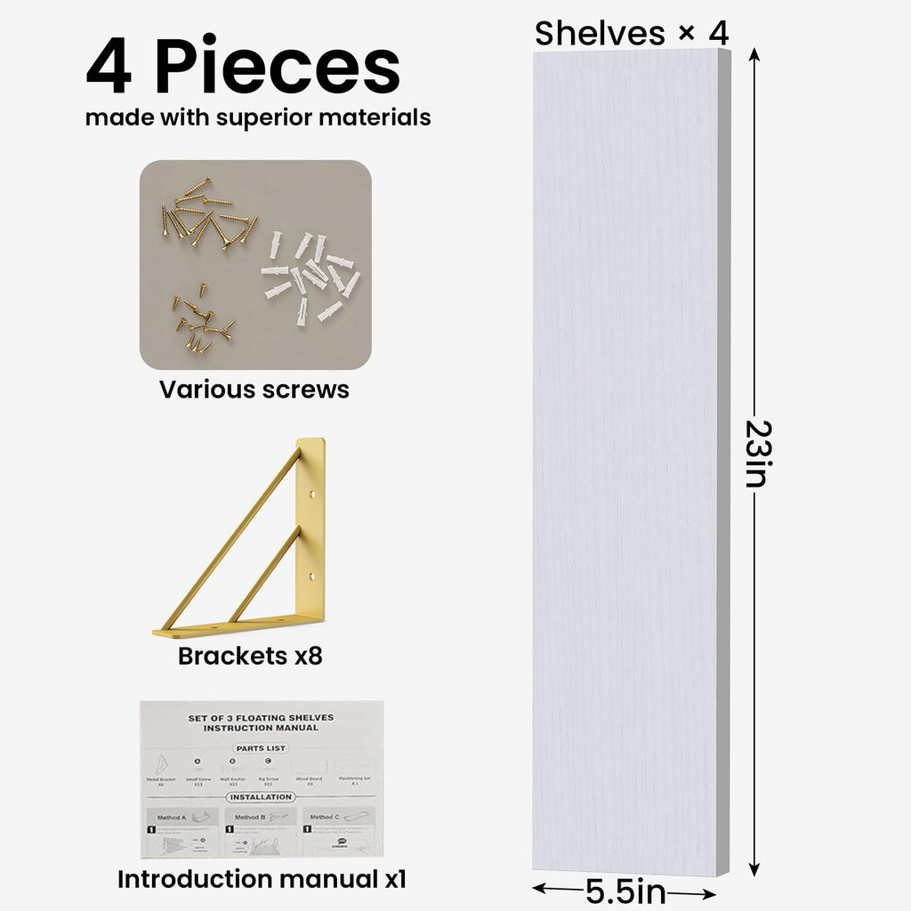 BAYKA Floating Shelves for Bedroom Decor, Wall Shelves for Storage, Wall Mounted Rustic Wood Floating Shelf for Books,Corner Shelf for Bathroom,Kitchen,Living Room(Black and Gold，Set of 4)