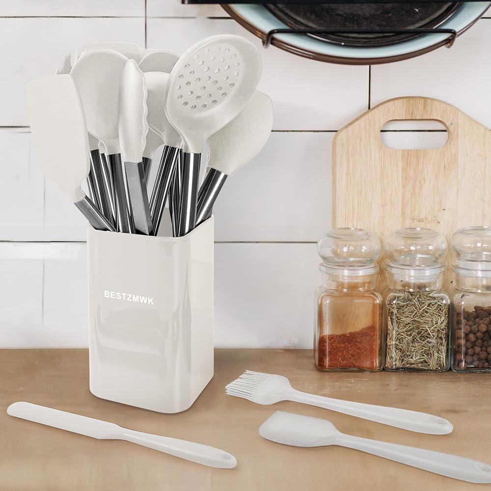 Kitchen Utensil Set-Silicone Cooking Utensils-33 Kitchen Gadgets & Spoons for Nonstick Cookware-Silicone and Stainless Steel Spatula Set-Best Kitchen Tools, Useful Pots (Khaki)