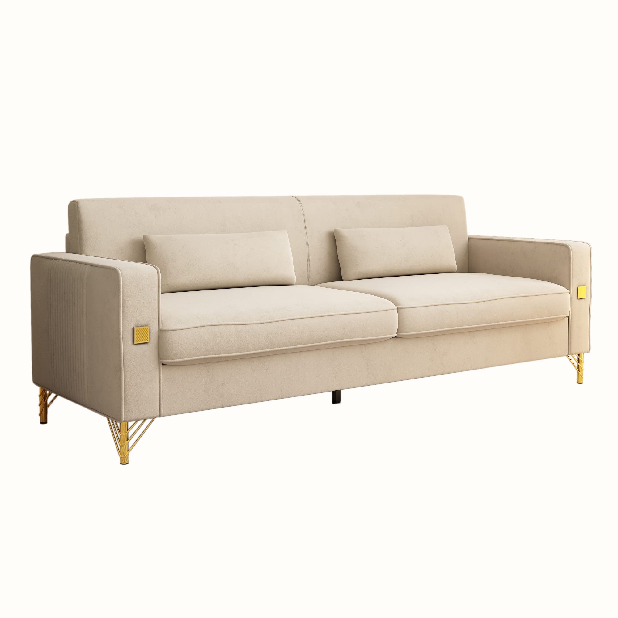 KEIKI 86" Oversized Luxury Velvet Sofa with Armrest and Removable Plush Cushions, Modern Style Gold Accents 3-Seater Couch with Solid Legs, Easy Assembly, for Living Room, Apartment, Green