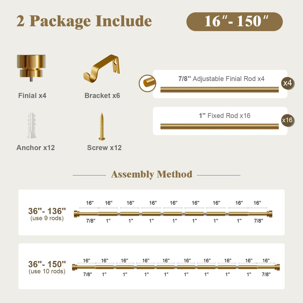 Oneach Heavy Duty Curtain Rods for Windows 72 to 144 Inch, 1 Inch Brass Gold Curtain Rod, Adjustable Length Rod with Metal Finials, Modern Decorative for Bedroom Kitchen Living Room (16 to 150 Inch)