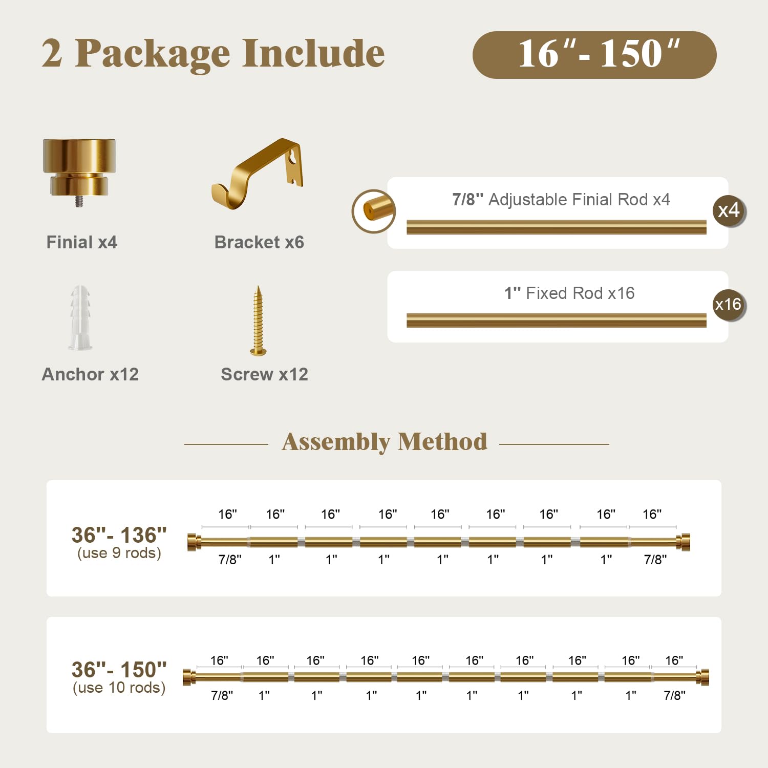 Oneach Heavy Duty Curtain Rods for Windows 72 to 144 Inch, 1 Inch Brass Gold Curtain Rod, Adjustable Length Rod with Metal Finials, Modern Decorative for Bedroom Kitchen Living Room (16 to 150 Inch)