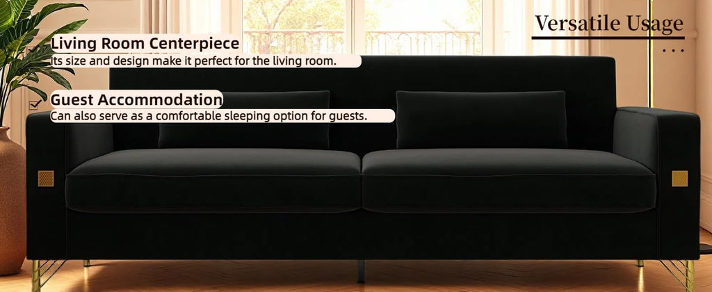 KEIKI 86" Oversized Luxury Velvet Sofa with Armrest and Removable Plush Cushions, Modern Style Gold Accents 3-Seater Couch with Solid Legs, Easy Assembly, for Living Room, Apartment, Green