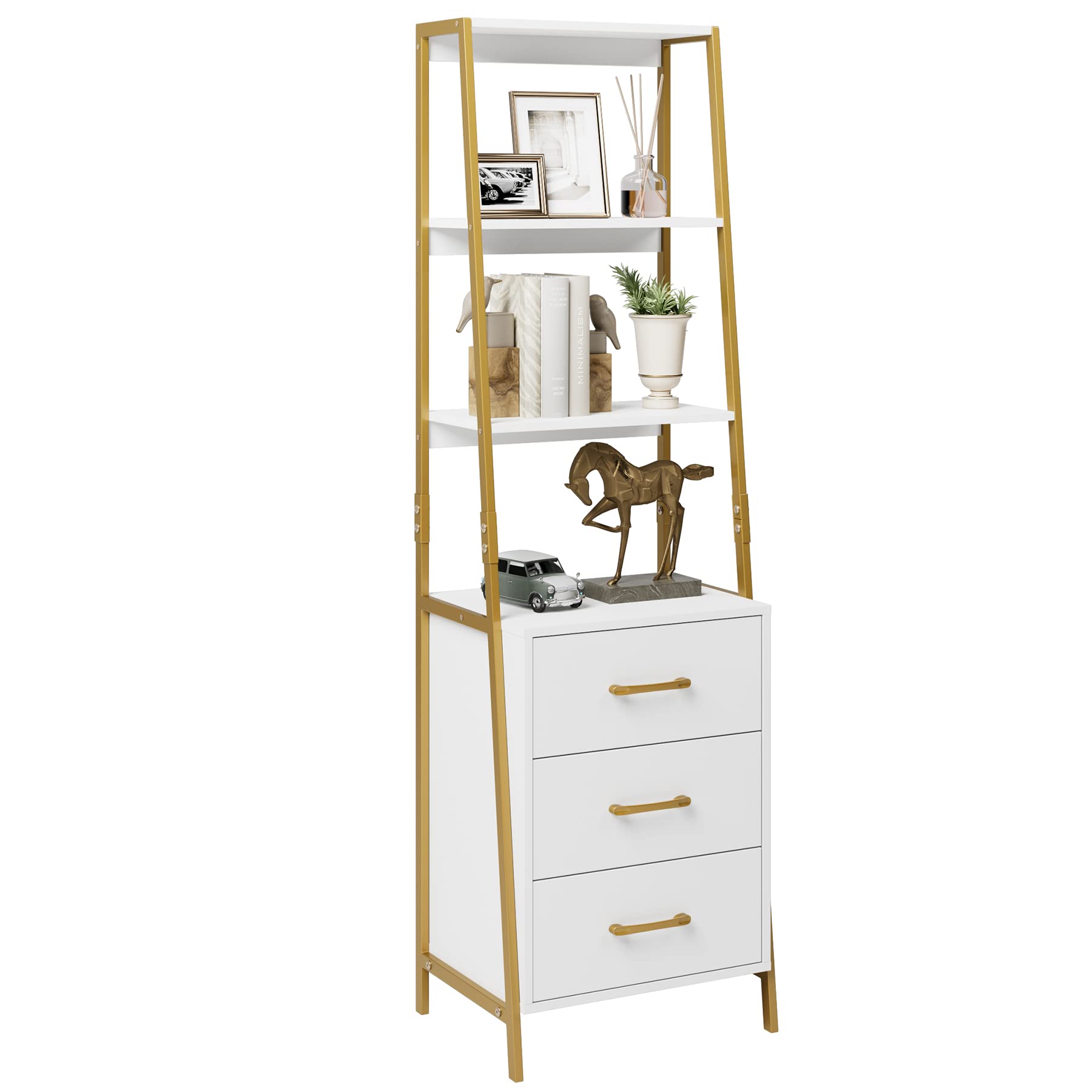 HITHOS Black Gold 4-Tier Bookshelf, Tall Bookcase with 3 Wooden Drawers, Modern Ladder Book Shlef Storage Organizer for Living Room, Entryway, Office