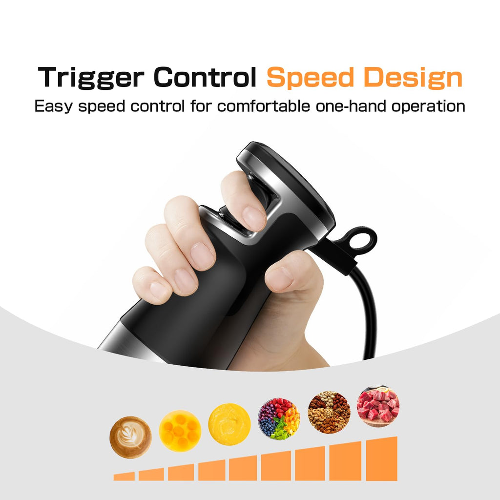 Turelar Immersion Blender Handheld Corded Hand Blenders Set 1100W, Trigger Variable Speed 5 in 1 Stick Emulsifier with Chopper, Whisk and Frother for Soup, Baby Food and Smoothies, Navy Blue