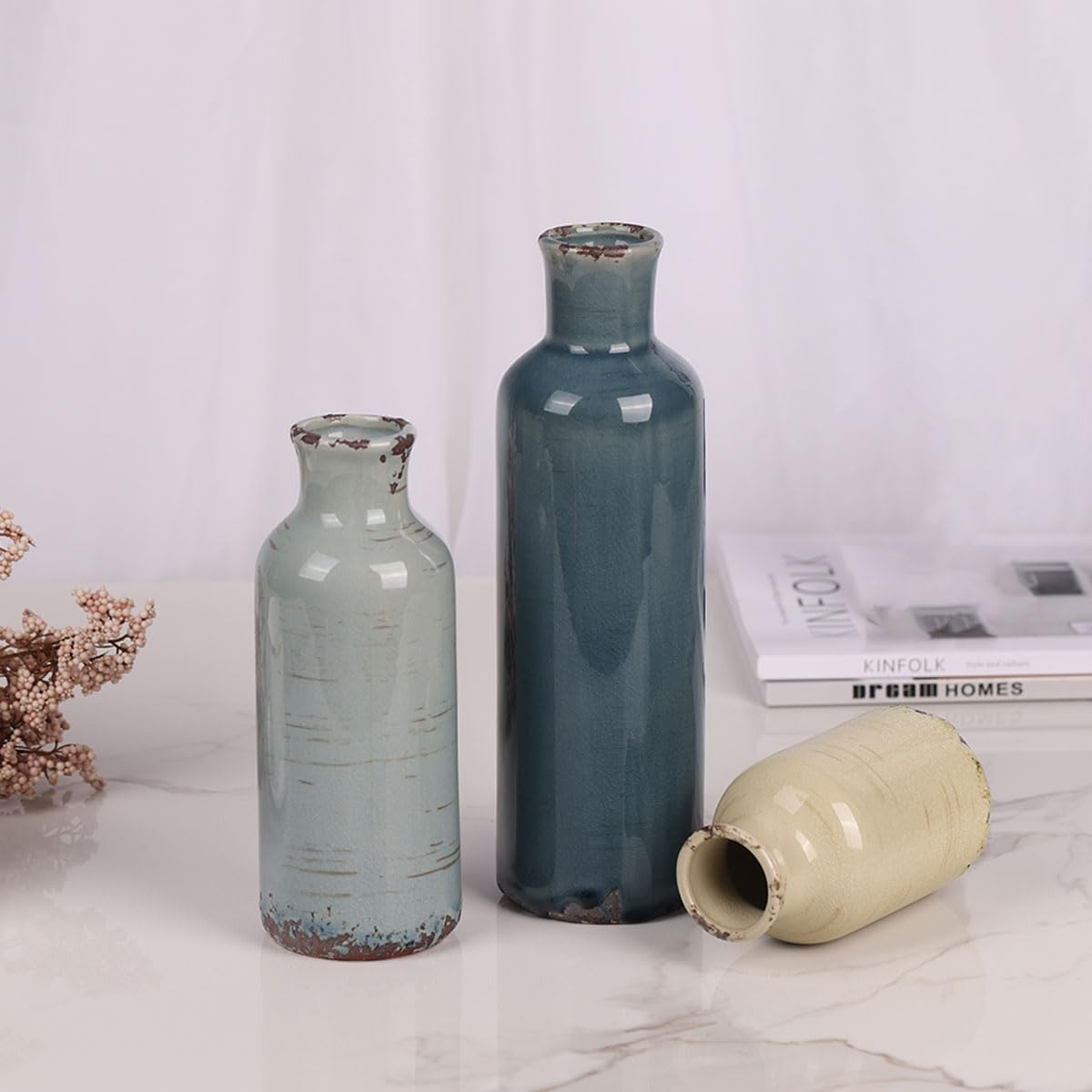 Blue Ceramic Vase Set - 3 Blue Small Vases, Farmhouse Country Flower Vase Home Decor, Living Room Decoration, Table Decoration, Fireplace Decor, and Entrance Decorations Centerpieces