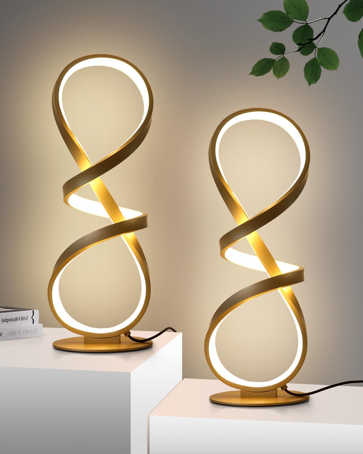 2 Pack LED Touch Dimmable Spiral Desk Lamp, 3 Color Temperature Modern Nightstand Lamp, Unique Bedside Table Lamp for Living Room, Bedroom, Cool Lamps for Ideal Gift, Gold