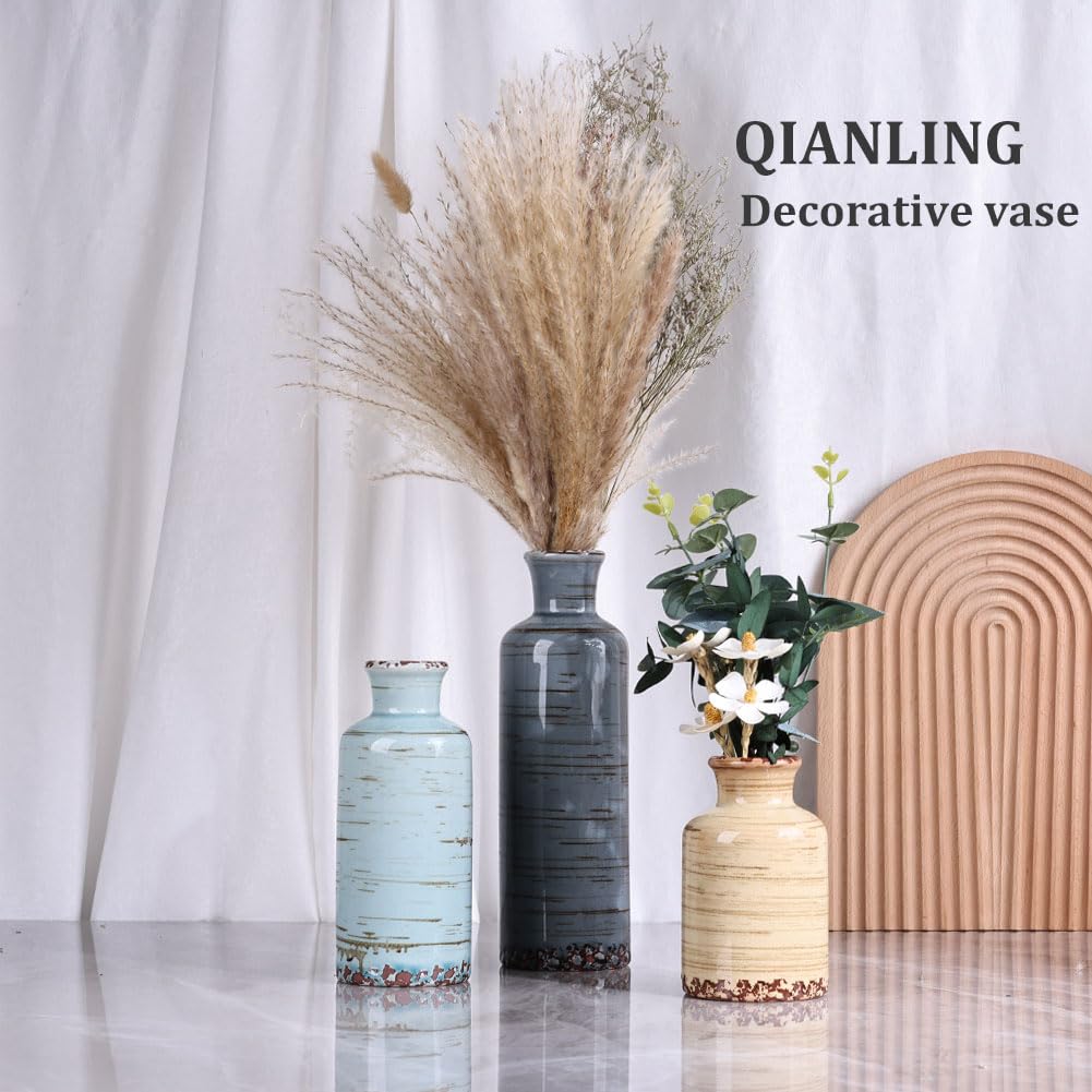 Blue Ceramic Vase Set - 3 Blue Small Vases, Farmhouse Country Flower Vase Home Decor, Living Room Decoration, Table Decoration, Fireplace Decor, and Entrance Decorations Centerpieces
