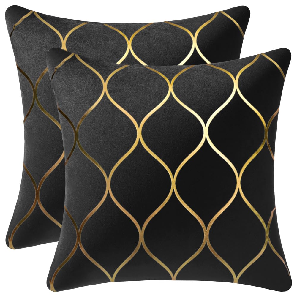 DEZENE 12x20 Inch Gold Velvet Throw Pillow Covers: 2 Pack Rectangular Decorative Pillow Cases for Bedroom Sofa Couch Living Room, Black