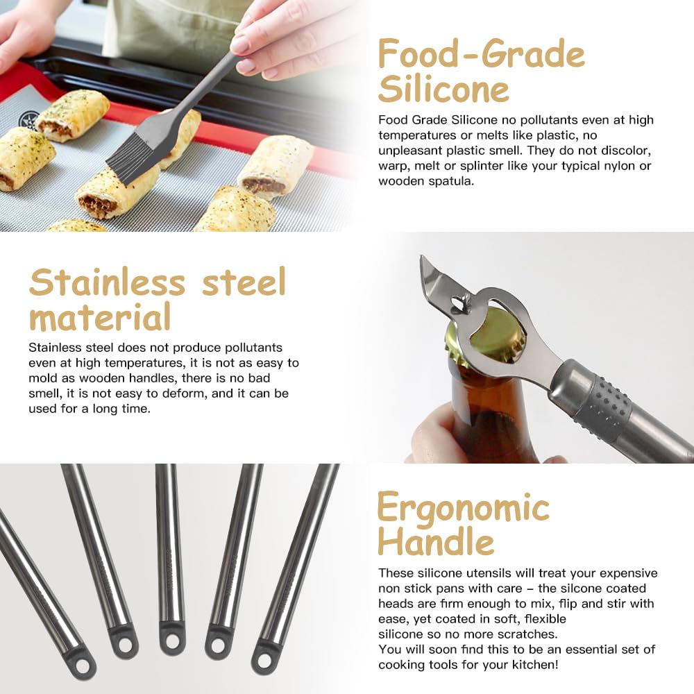 Kitchen Utensil Set-Silicone Cooking Utensils-33 Kitchen Gadgets & Spoons for Nonstick Cookware-Silicone and Stainless Steel Spatula Set-Best Kitchen Tools, Useful Pots (Khaki)