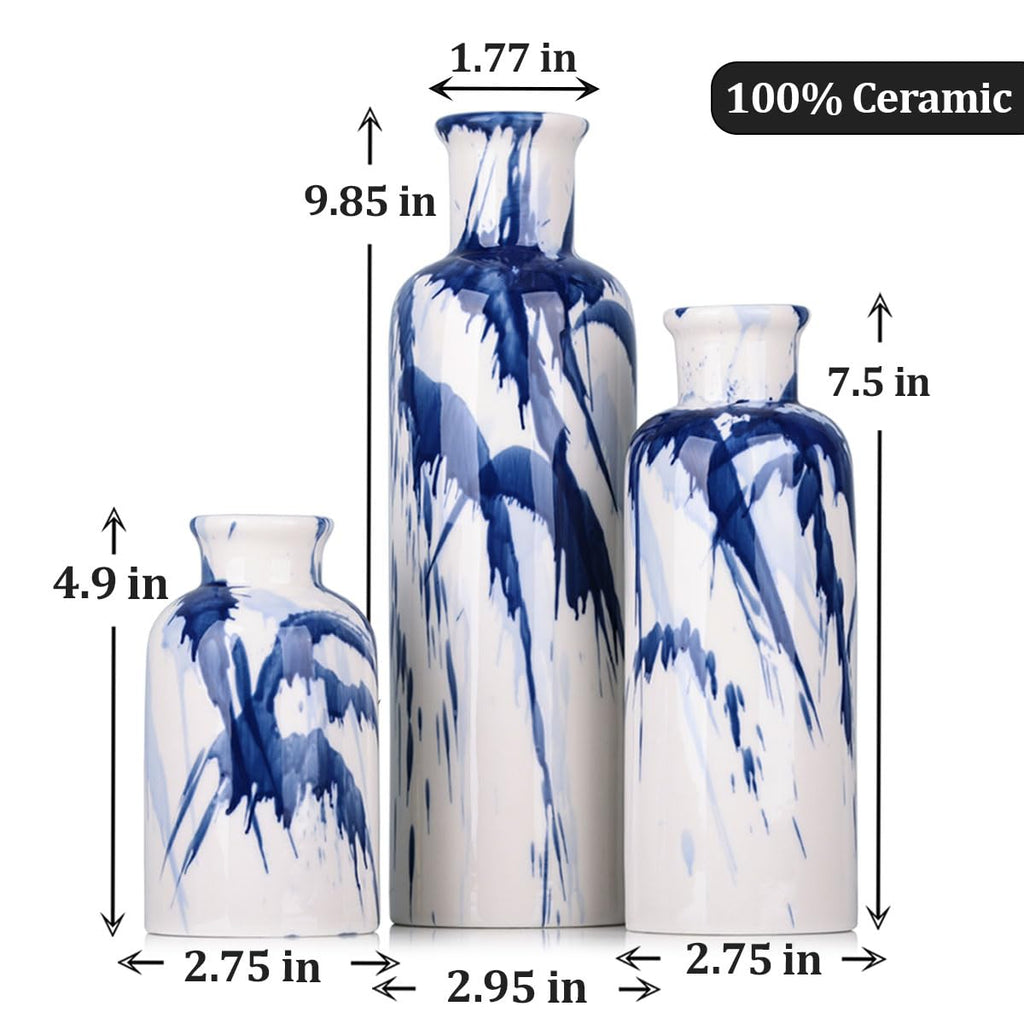 Blue Ceramic Vase Set - 3 Blue Small Vases, Farmhouse Country Flower Vase Home Decor, Living Room Decoration, Table Decoration, Fireplace Decor, and Entrance Decorations Centerpieces