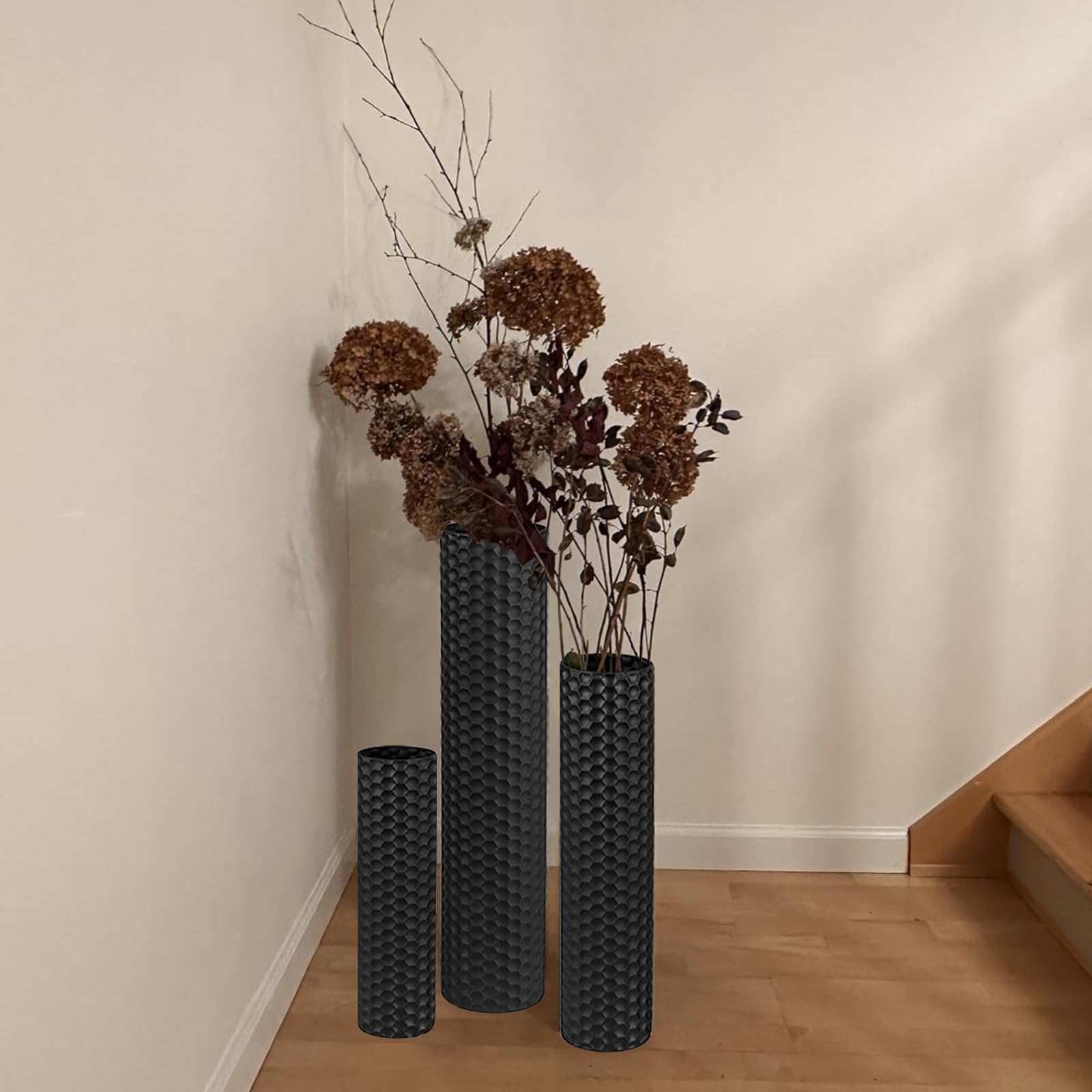 Black Tall Floor Vase - Set of 3 Extra Large Metal Decorative Vases for Living Room, 27.6" Long Modern Honeycomb Texture Big Cylinder Standing Corner Decor for Home Dining Bedroom Pampas Grass