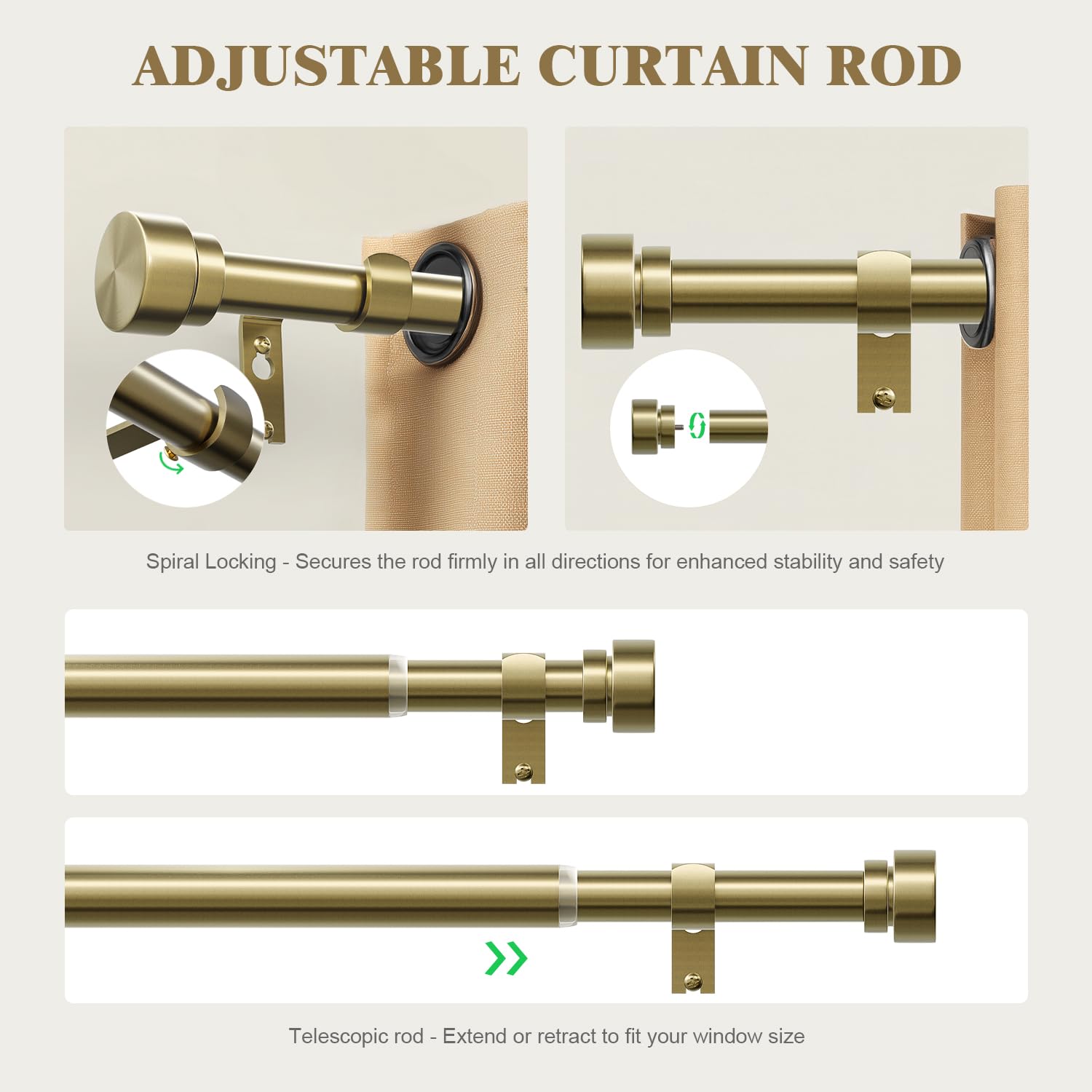 Oneach Heavy Duty Curtain Rods for Windows 72 to 144 Inch, 1 Inch Brass Gold Curtain Rod, Adjustable Length Rod with Metal Finials, Modern Decorative for Bedroom Kitchen Living Room (16 to 150 Inch)