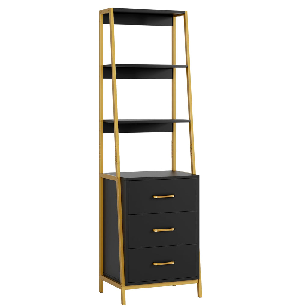 HITHOS Black Gold 4-Tier Bookshelf, Tall Bookcase with 3 Wooden Drawers, Modern Ladder Book Shlef Storage Organizer for Living Room, Entryway, Office