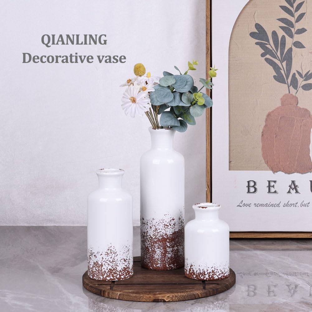 Blue Ceramic Vase Set - 3 Blue Small Vases, Farmhouse Country Flower Vase Home Decor, Living Room Decoration, Table Decoration, Fireplace Decor, and Entrance Decorations Centerpieces