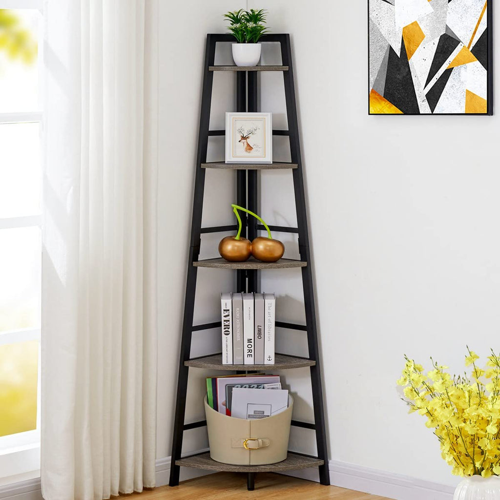 BON AUGURE 5-Tier Corner Ladder Shelf Stand, Black Metal Wood Corner Bookshelf, Narrow Tall Display Bookcase Shelving Unit for Living Room, Home Office, Small Space (Rustic Oak)