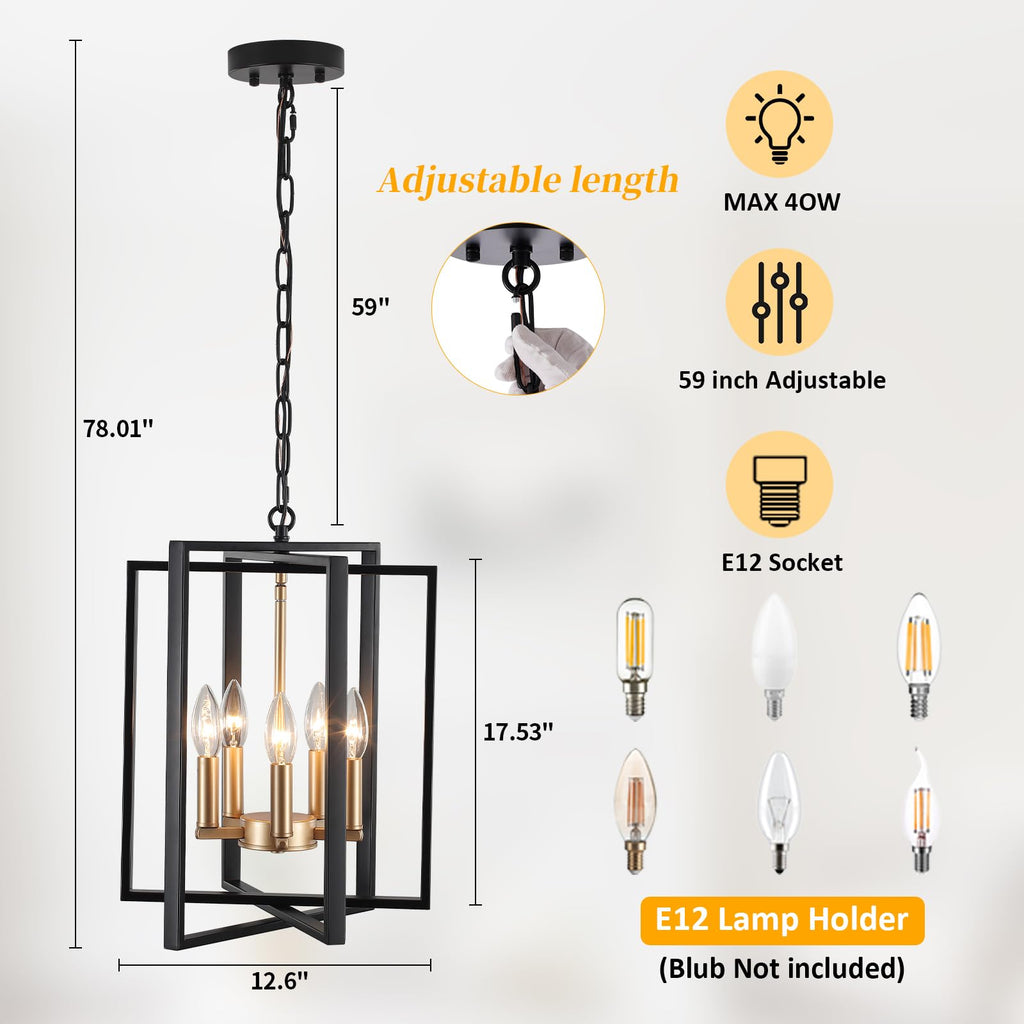 Black Gold Chandelier for Dining Room, Modern Farmhouse 3 Light Entryway Pendant Light Fixture Adjustable Geometric Industrial Rustic Foyer Light for Living Room Kitchen Island Hallway Bedroom