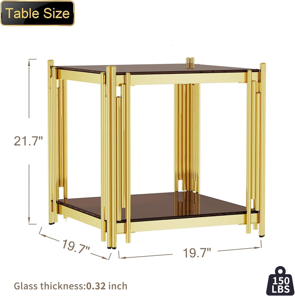 Luxury Gold Square Glass End Table, 19.7" Modern Side Table with Stainless Steel Irregular Leg Clear Tempered Glass Tabletop, Accent Furniture for Living Room, Clear