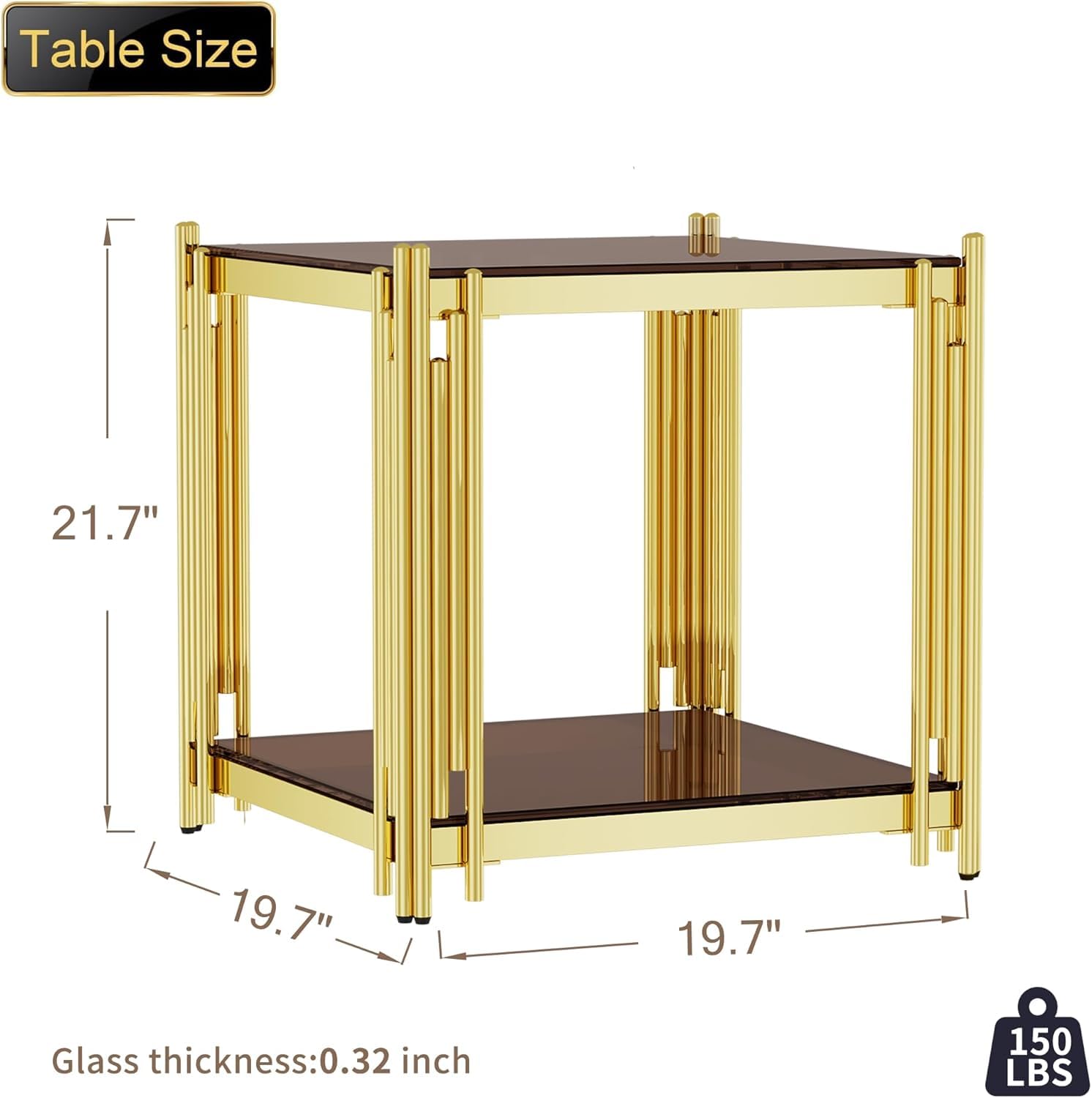 Luxury Gold Square Glass End Table, 19.7" Modern Side Table with Stainless Steel Irregular Leg Clear Tempered Glass Tabletop, Accent Furniture for Living Room, Clear