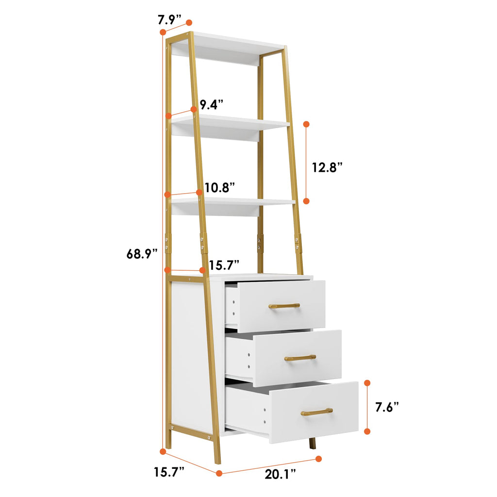 HITHOS Black Gold 4-Tier Bookshelf, Tall Bookcase with 3 Wooden Drawers, Modern Ladder Book Shlef Storage Organizer for Living Room, Entryway, Office