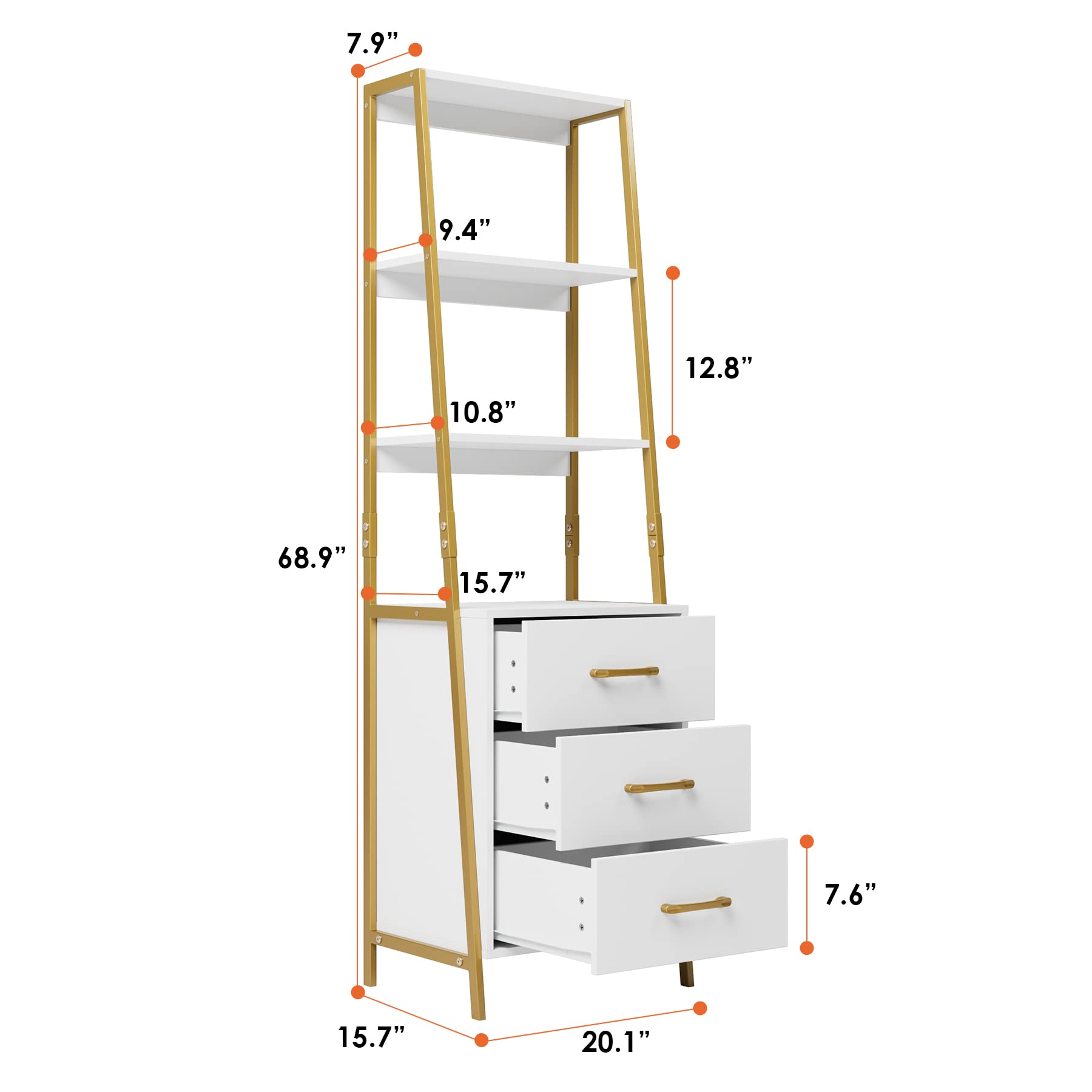 HITHOS Black Gold 4-Tier Bookshelf, Tall Bookcase with 3 Wooden Drawers, Modern Ladder Book Shlef Storage Organizer for Living Room, Entryway, Office