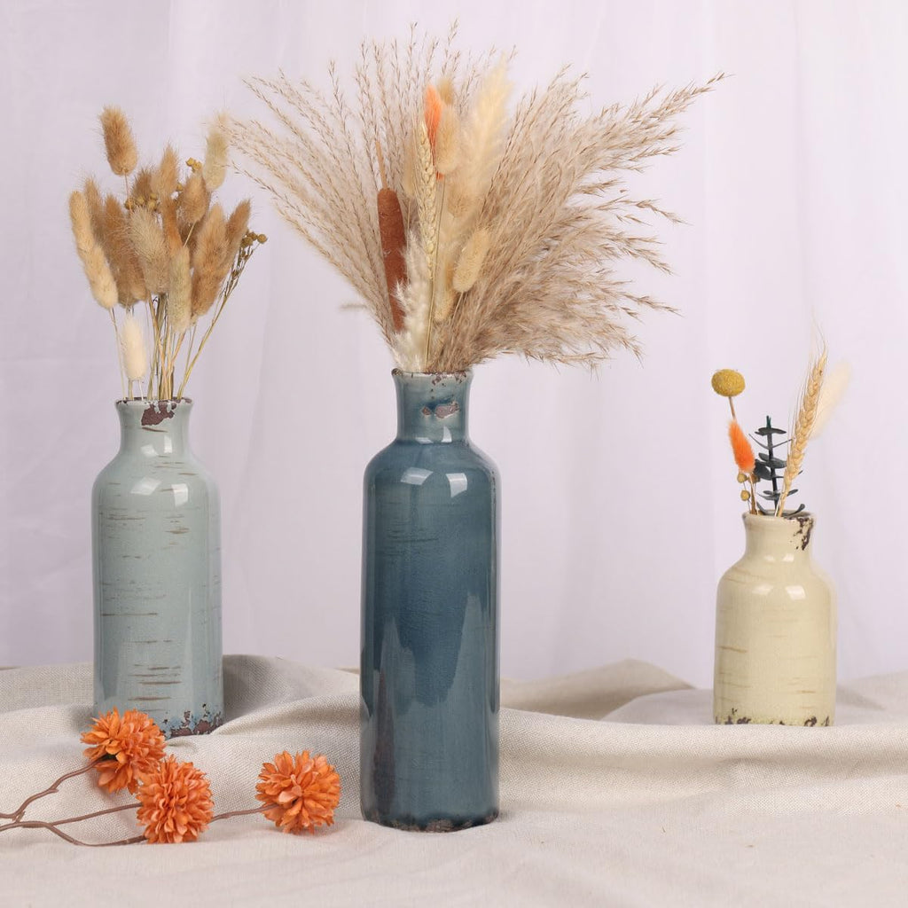 Blue Ceramic Vase Set - 3 Blue Small Vases, Farmhouse Country Flower Vase Home Decor, Living Room Decoration, Table Decoration, Fireplace Decor, and Entrance Decorations Centerpieces