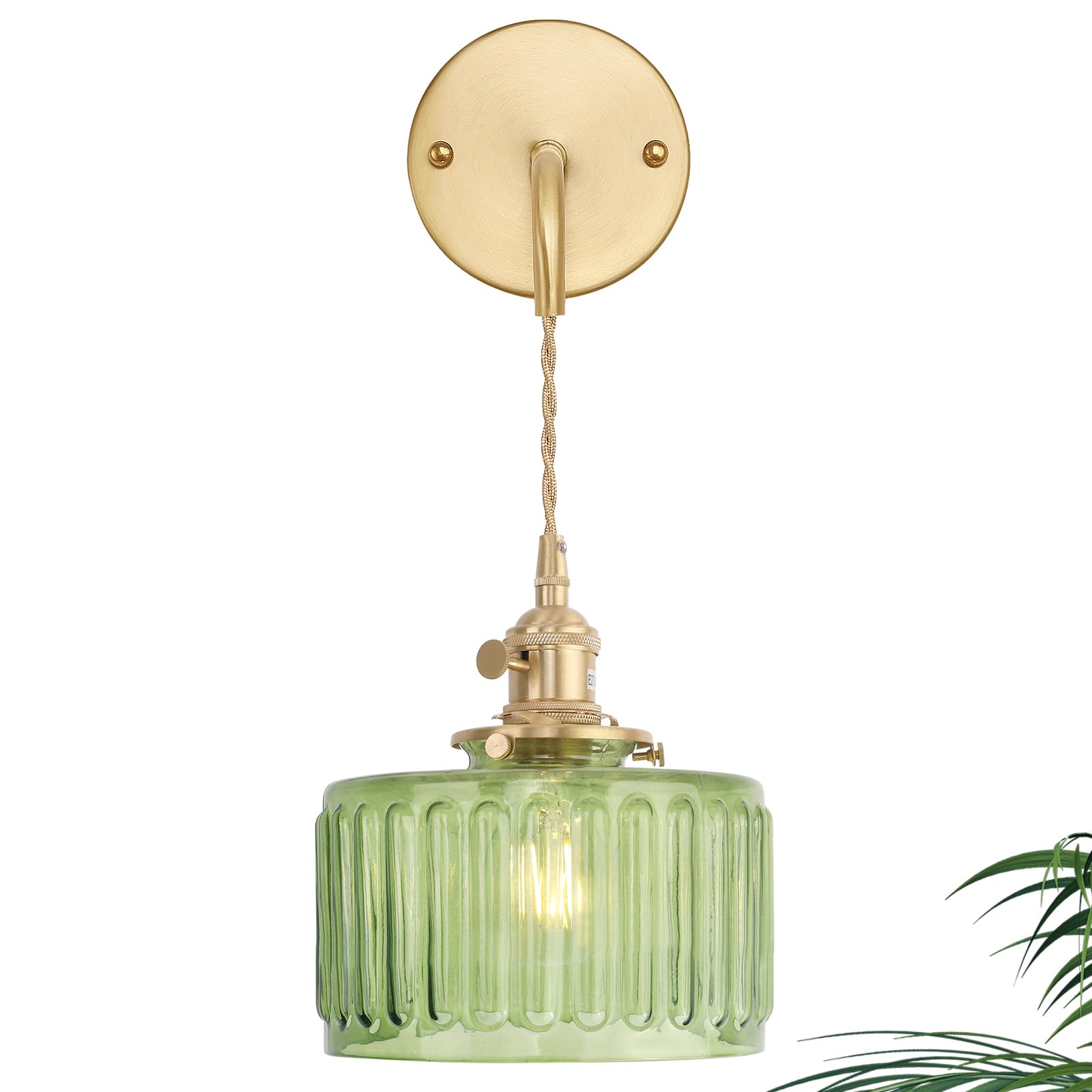 Shenmoyl Vintage Wall Sconce Wall Lamp with Amber Striped Glass Shade Hanging Wall Sconce with 4.9FT Plug in Cord, Modern Wall Lamp Fixtures Decor for Bedside Bedroom Indoor Doorway