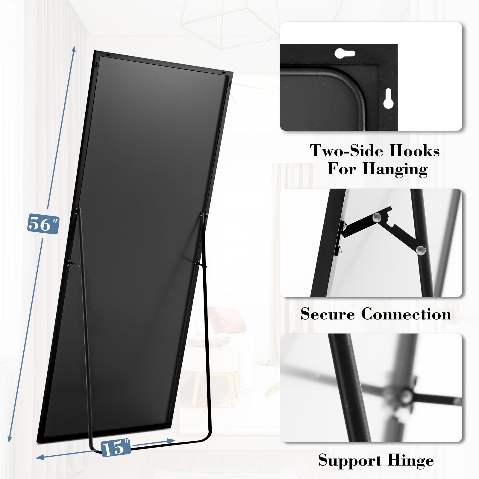 DUMOS Arched Full Length Mirror with Stand 64"x21" Floor Standing Aluminum Frame for Bedroom Body Hanging Leaning Modern Simple Home Decor Shatter-proorf Nano Glass Wall Living Room Cloakroom Black