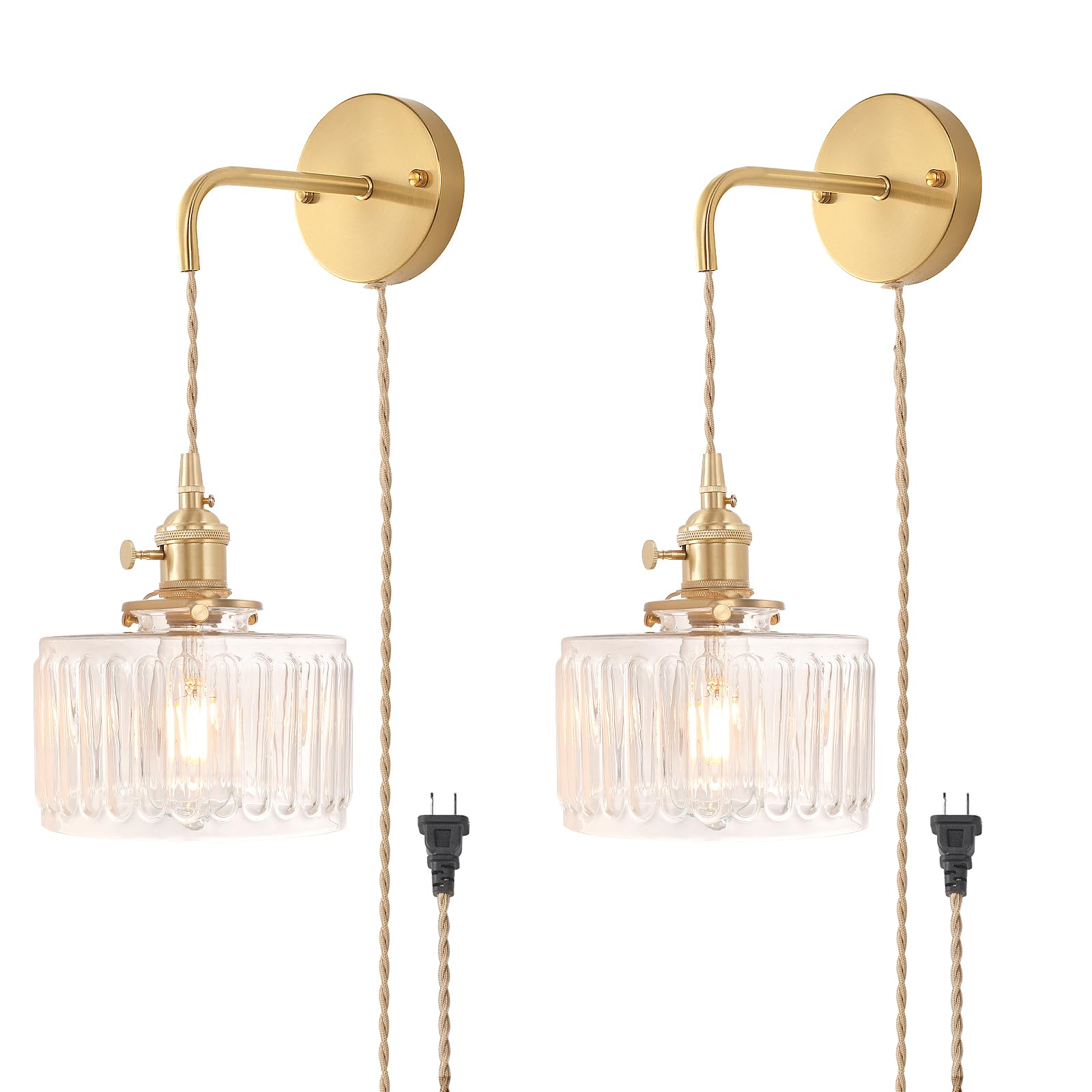 Shenmoyl Vintage Wall Sconce Wall Lamp with Amber Striped Glass Shade Hanging Wall Sconce with 4.9FT Plug in Cord, Modern Wall Lamp Fixtures Decor for Bedside Bedroom Indoor Doorway
