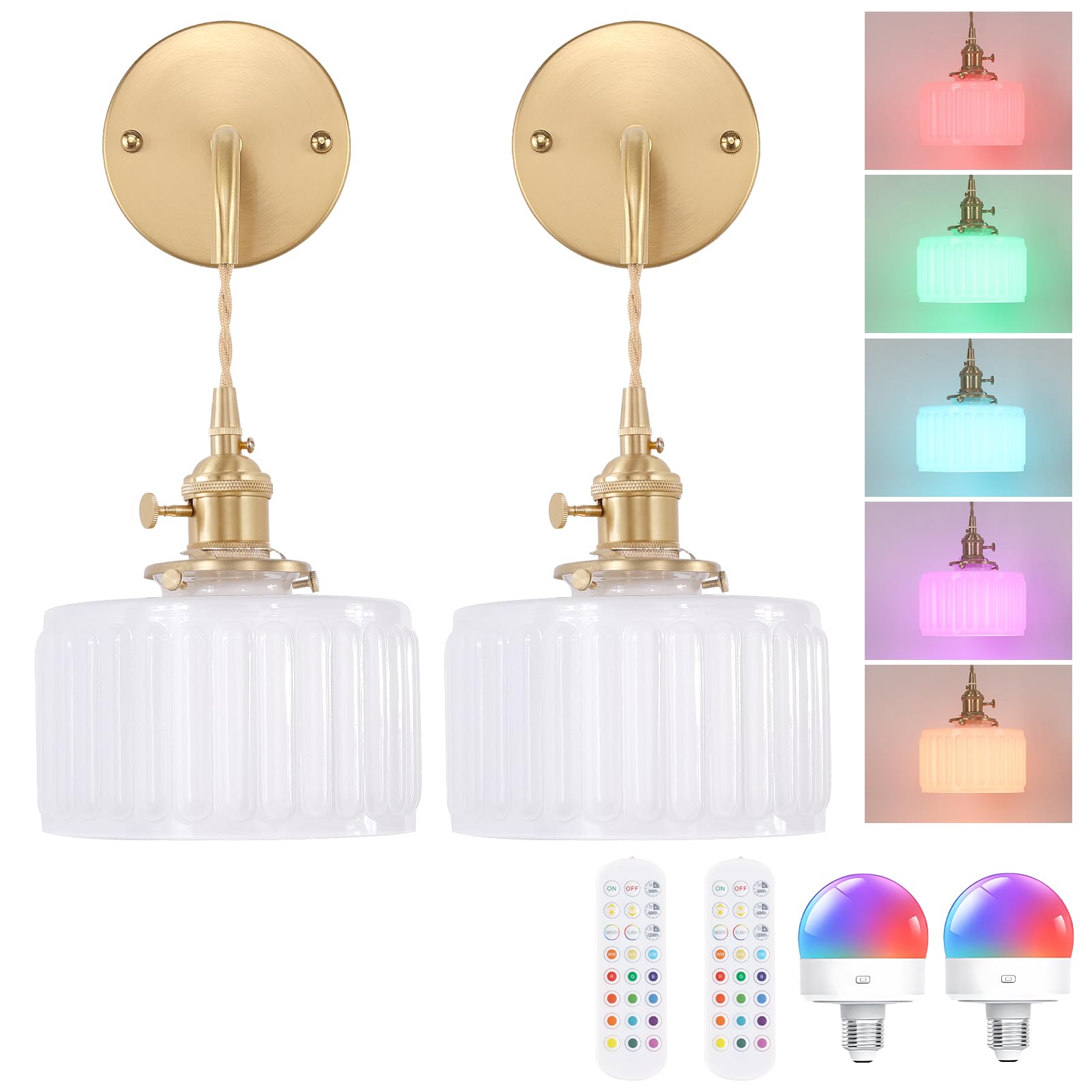 Shenmoyl Vintage Wall Sconce Wall Lamp with Amber Striped Glass Shade Hanging Wall Sconce with 4.9FT Plug in Cord, Modern Wall Lamp Fixtures Decor for Bedside Bedroom Indoor Doorway
