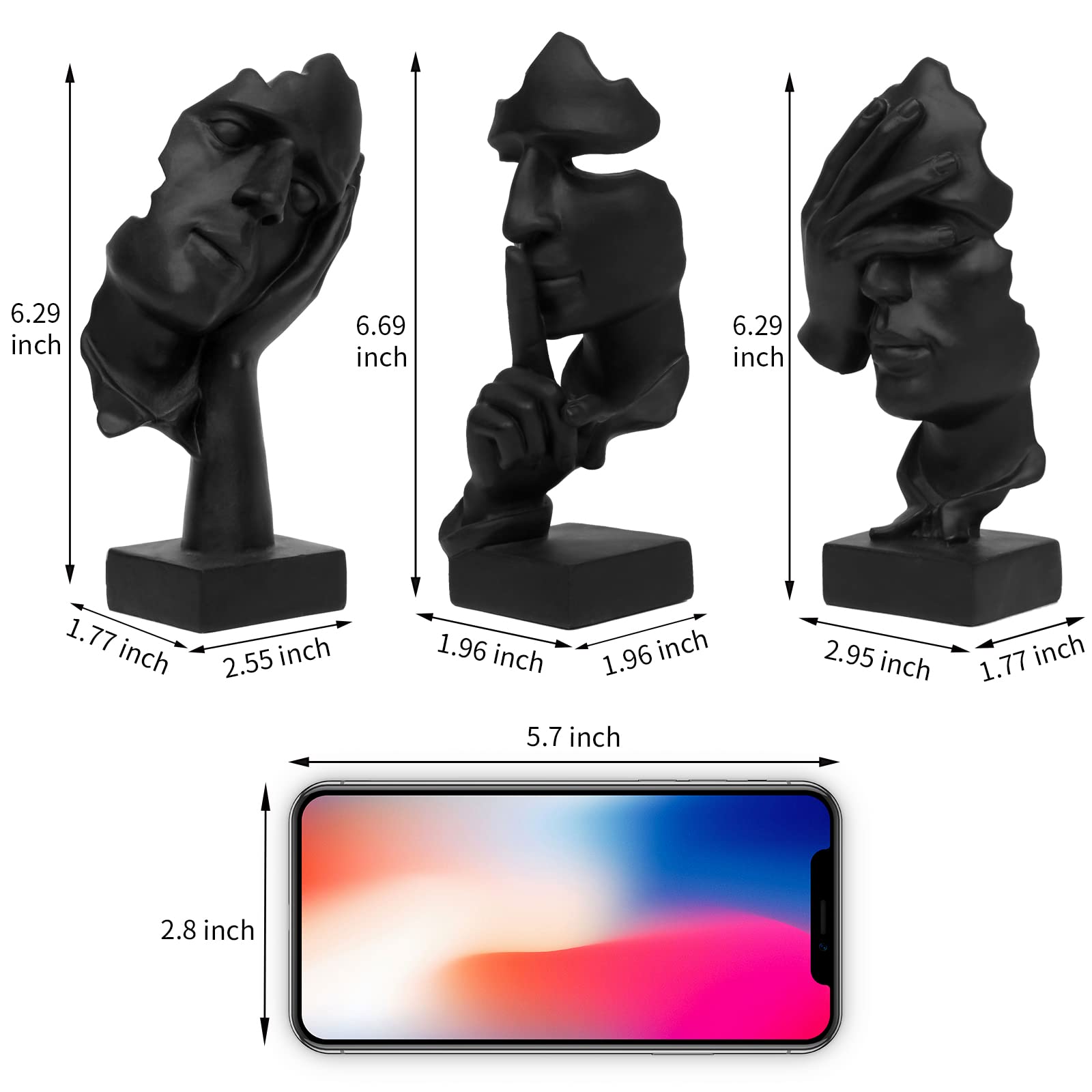 3 Pcs Thinker Statue, Silence is Gold Abstract Art Figurine, No Hear No See No Speak Modern Home Resin Sculptures Decorative Objects Decor for Home Office Bookshelf Desktop(Black) (A-41)