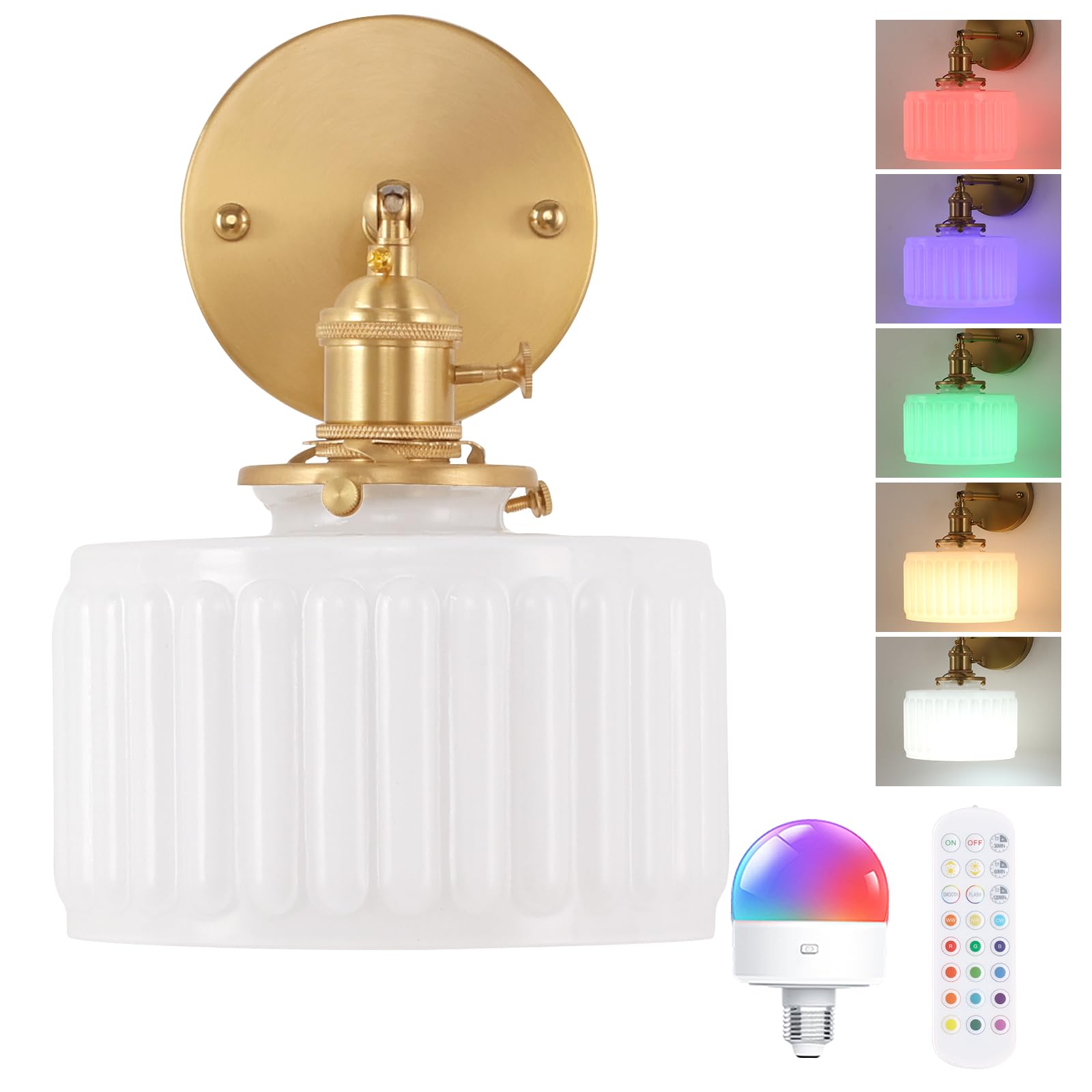 Shenmoyl Vintage Wall Sconce Wall Lamp with Amber Striped Glass Shade Hanging Wall Sconce with 4.9FT Plug in Cord, Modern Wall Lamp Fixtures Decor for Bedside Bedroom Indoor Doorway