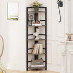 BON AUGURE 5-Tier Corner Ladder Shelf Stand, Black Metal Wood Corner Bookshelf, Narrow Tall Display Bookcase Shelving Unit for Living Room, Home Office, Small Space (Rustic Oak)