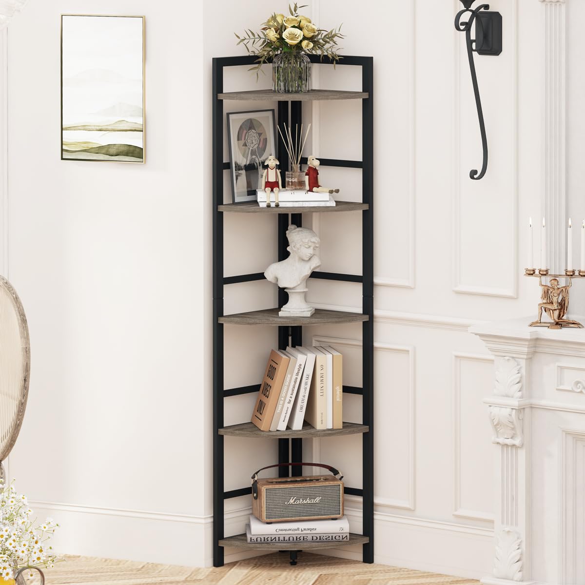 BON AUGURE 5-Tier Corner Ladder Shelf Stand, Black Metal Wood Corner Bookshelf, Narrow Tall Display Bookcase Shelving Unit for Living Room, Home Office, Small Space (Rustic Oak)
