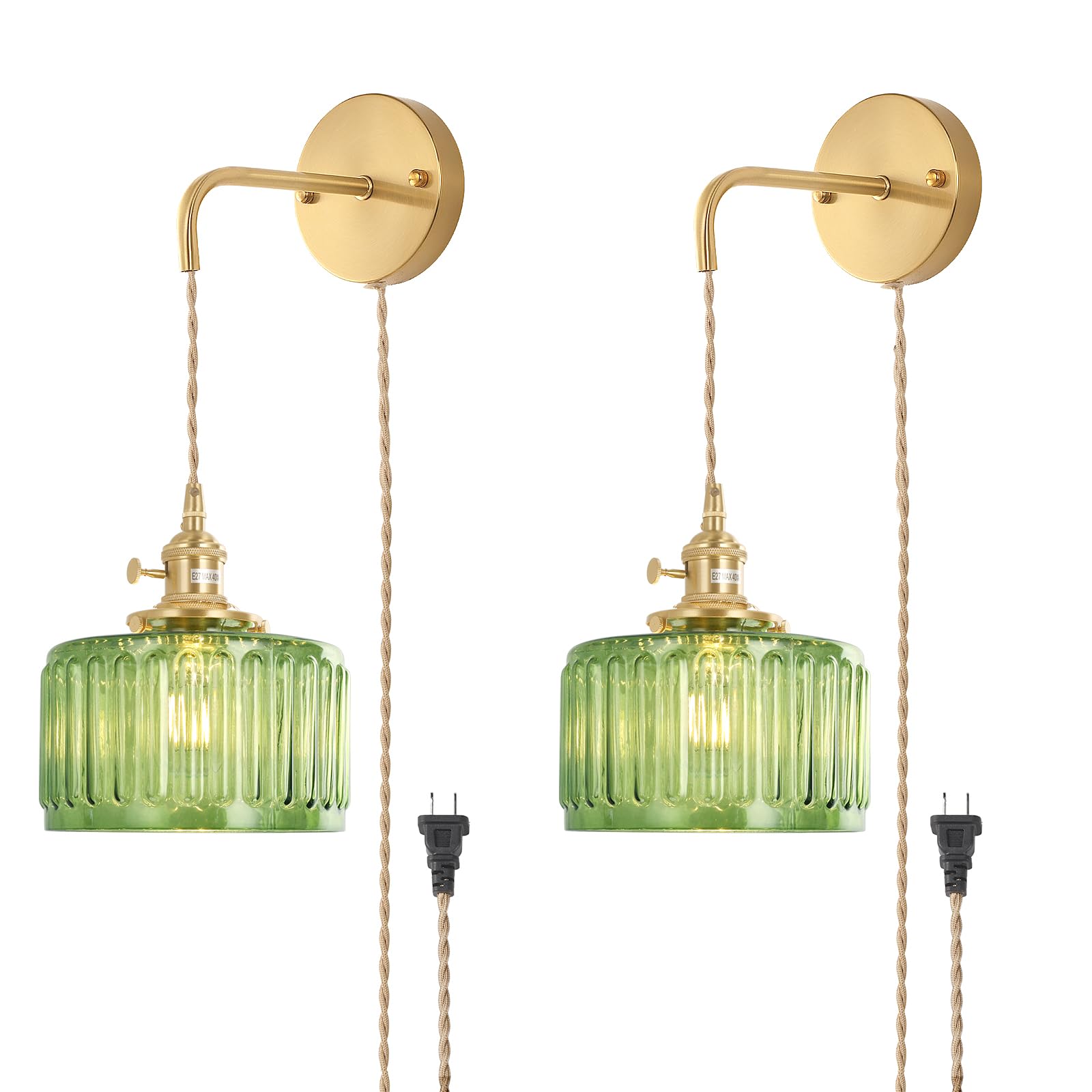 Shenmoyl Vintage Wall Sconce Wall Lamp with Amber Striped Glass Shade Hanging Wall Sconce with 4.9FT Plug in Cord, Modern Wall Lamp Fixtures Decor for Bedside Bedroom Indoor Doorway