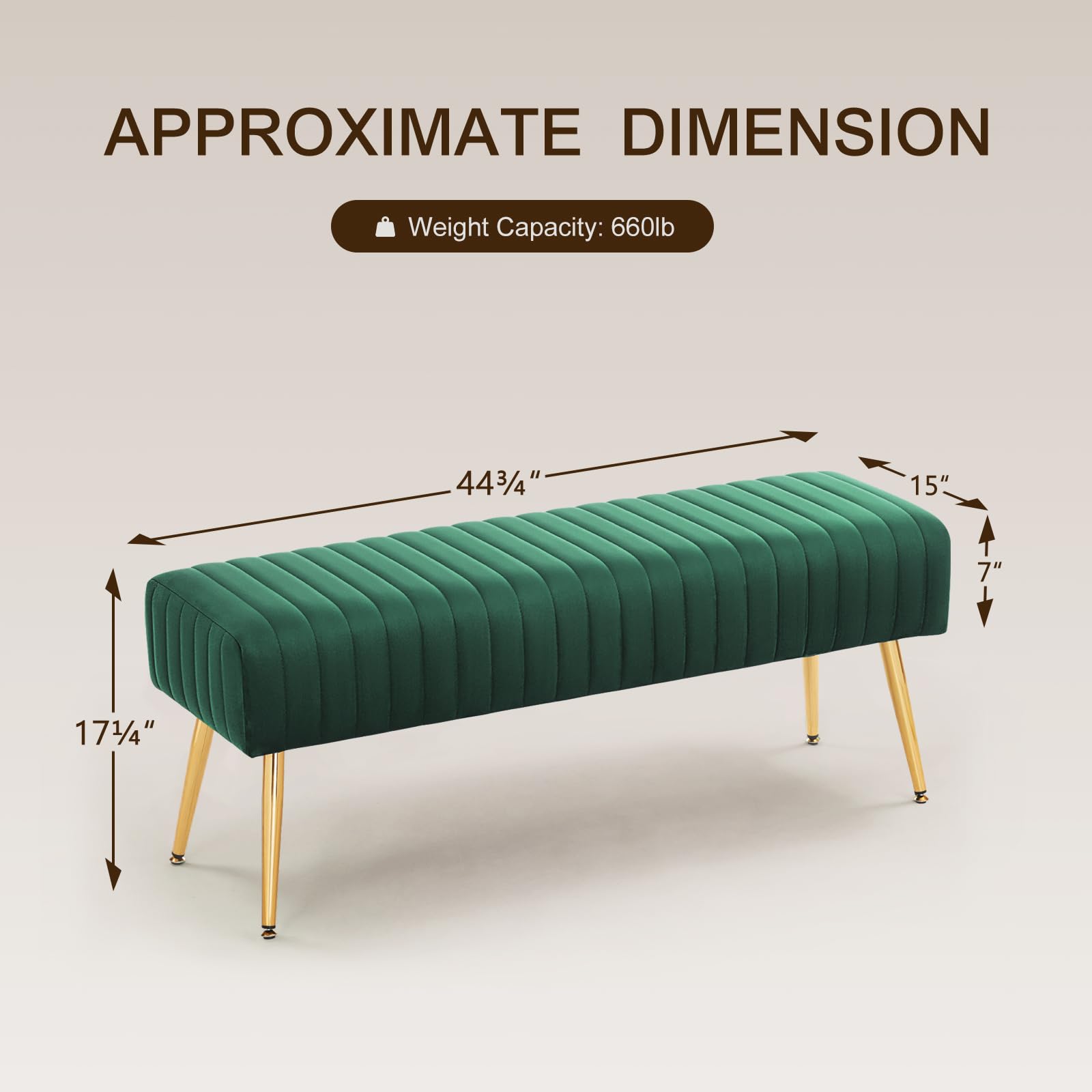 Furnimart 44 Inch Green Velvet Bench Ottoman Comfortable Footrest Stool Table Bench Dining Bench Tufting Bench Indoor Bench with Gold Legs for Living Room Bedroom Entryway (Velvet-Green)
