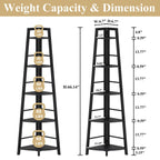 BON AUGURE 5-Tier Corner Ladder Shelf Stand, Black Metal Wood Corner Bookshelf, Narrow Tall Display Bookcase Shelving Unit for Living Room, Home Office, Small Space (Rustic Oak)