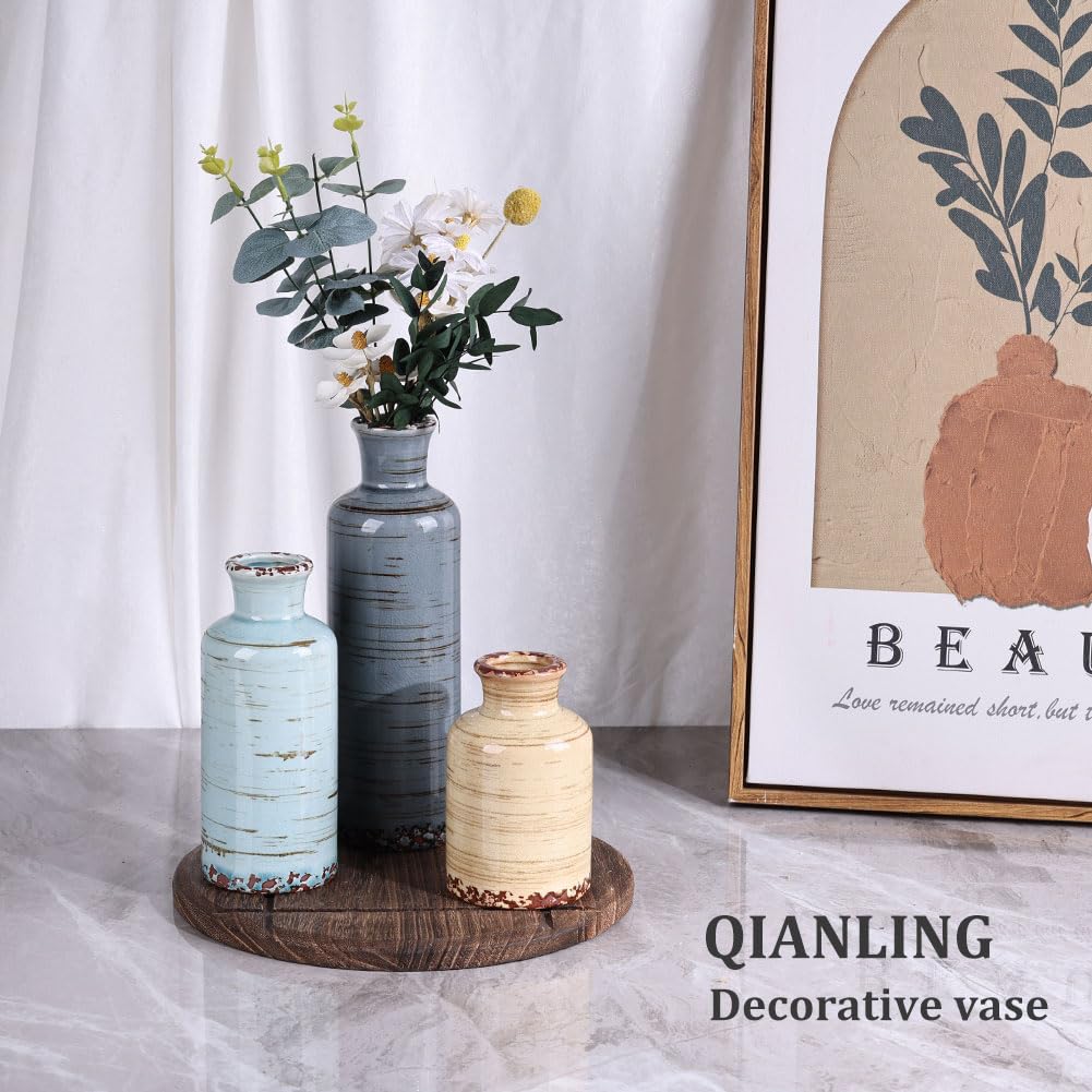 Blue Ceramic Vase Set - 3 Blue Small Vases, Farmhouse Country Flower Vase Home Decor, Living Room Decoration, Table Decoration, Fireplace Decor, and Entrance Decorations Centerpieces