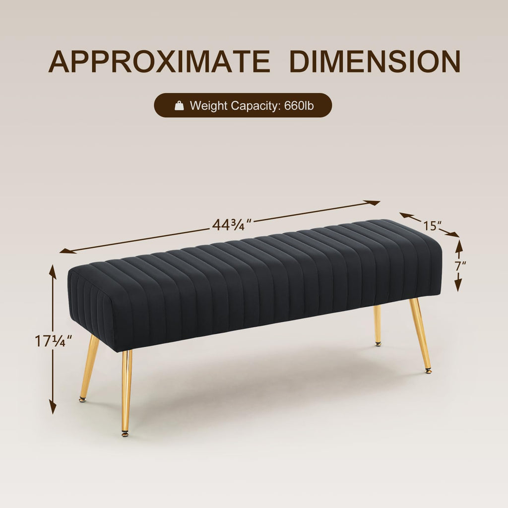 Furnimart 44 Inch Green Velvet Bench Ottoman Comfortable Footrest Stool Table Bench Dining Bench Tufting Bench Indoor Bench with Gold Legs for Living Room Bedroom Entryway (Velvet-Green)