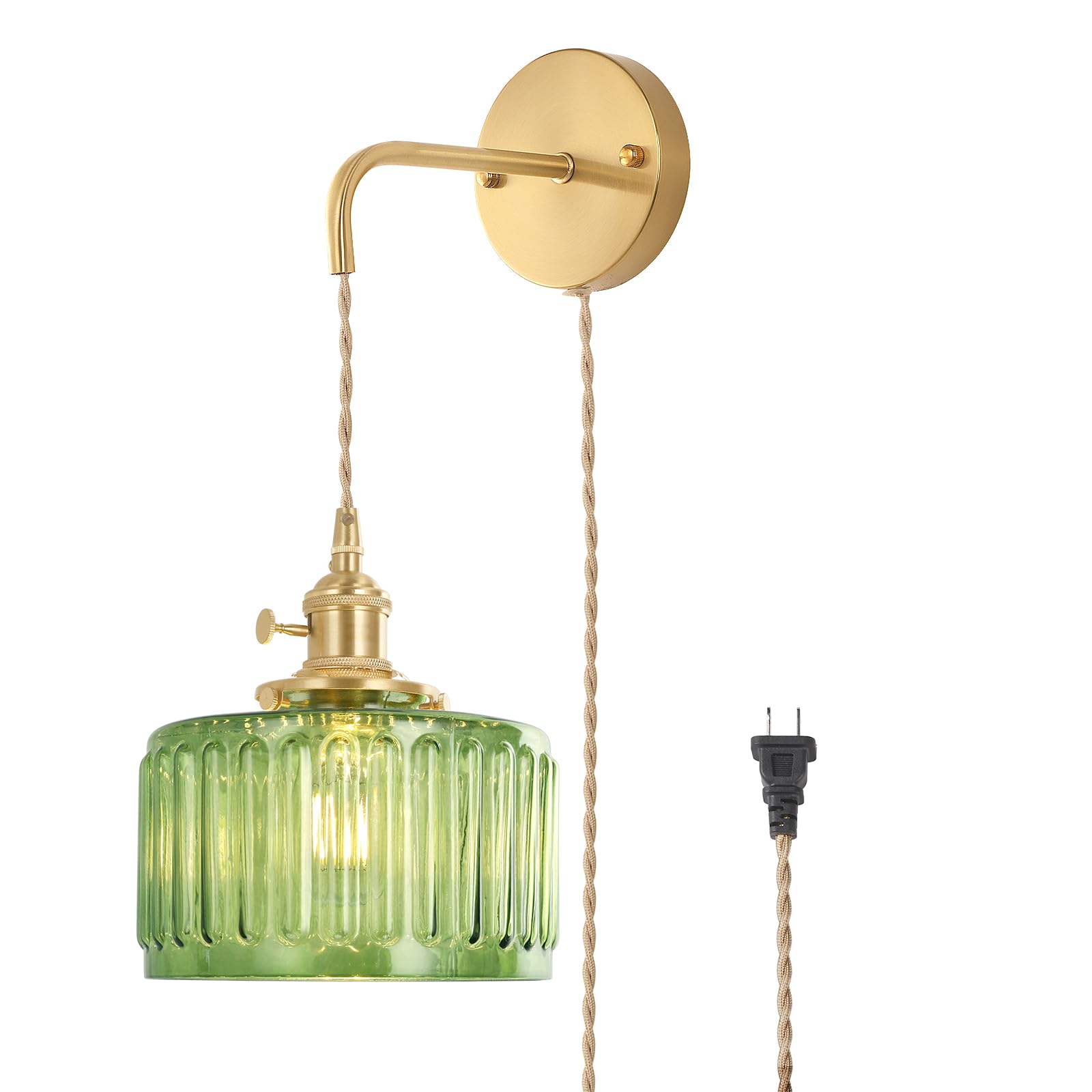 Shenmoyl Vintage Wall Sconce Wall Lamp with Amber Striped Glass Shade Hanging Wall Sconce with 4.9FT Plug in Cord, Modern Wall Lamp Fixtures Decor for Bedside Bedroom Indoor Doorway