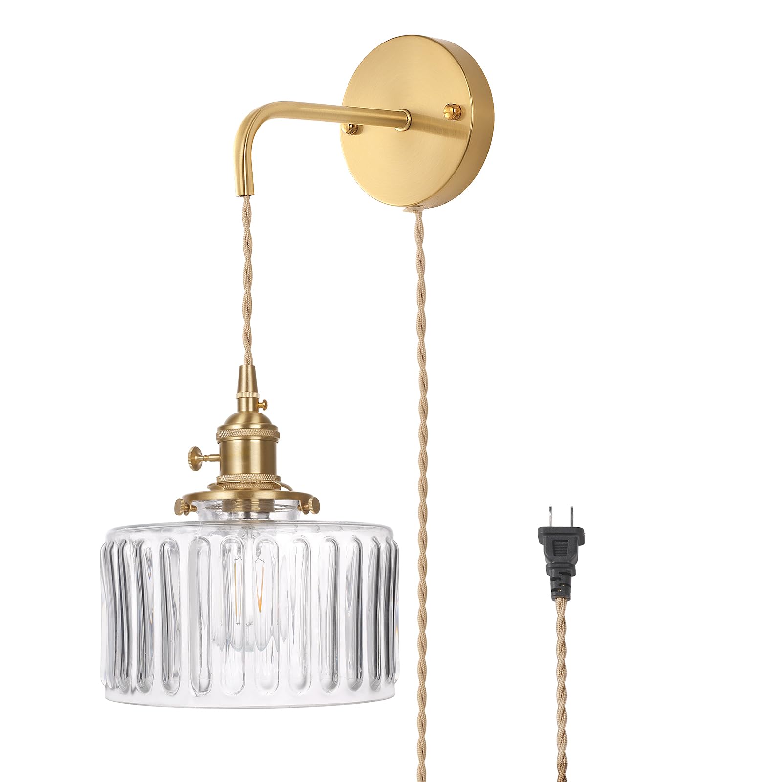 Shenmoyl Vintage Wall Sconce Wall Lamp with Amber Striped Glass Shade Hanging Wall Sconce with 4.9FT Plug in Cord, Modern Wall Lamp Fixtures Decor for Bedside Bedroom Indoor Doorway