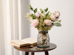 YJ Fake Flowers with Vase, Silk Roses Artificial Flowers in Vase, Faux Flower Plant Arrangement Suitable for Home Office Decoration, Dining Table Centerpiece(White)