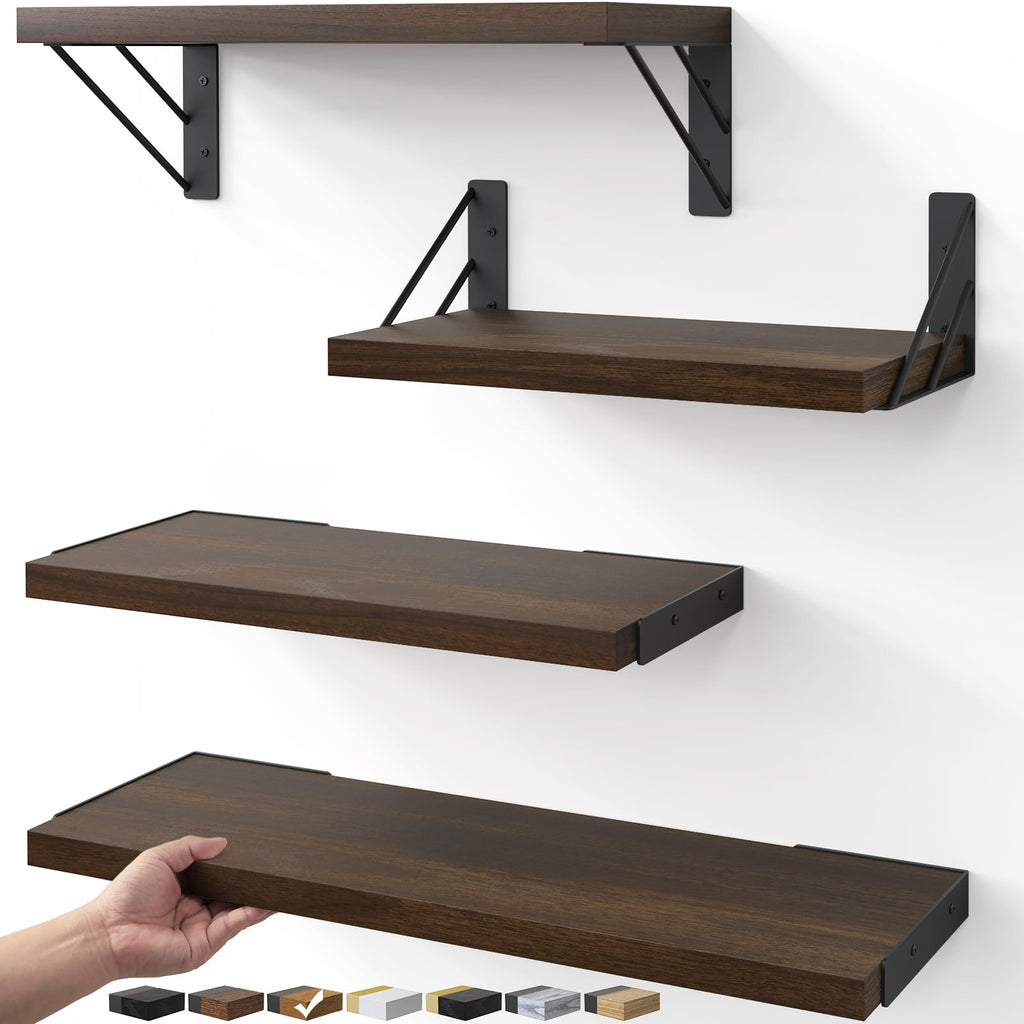 BAYKA Floating Shelves for Bedroom Decor, Wall Shelves for Storage, Wall Mounted Rustic Wood Floating Shelf for Books,Corner Shelf for Bathroom,Kitchen,Living Room(Black and Gold，Set of 4)