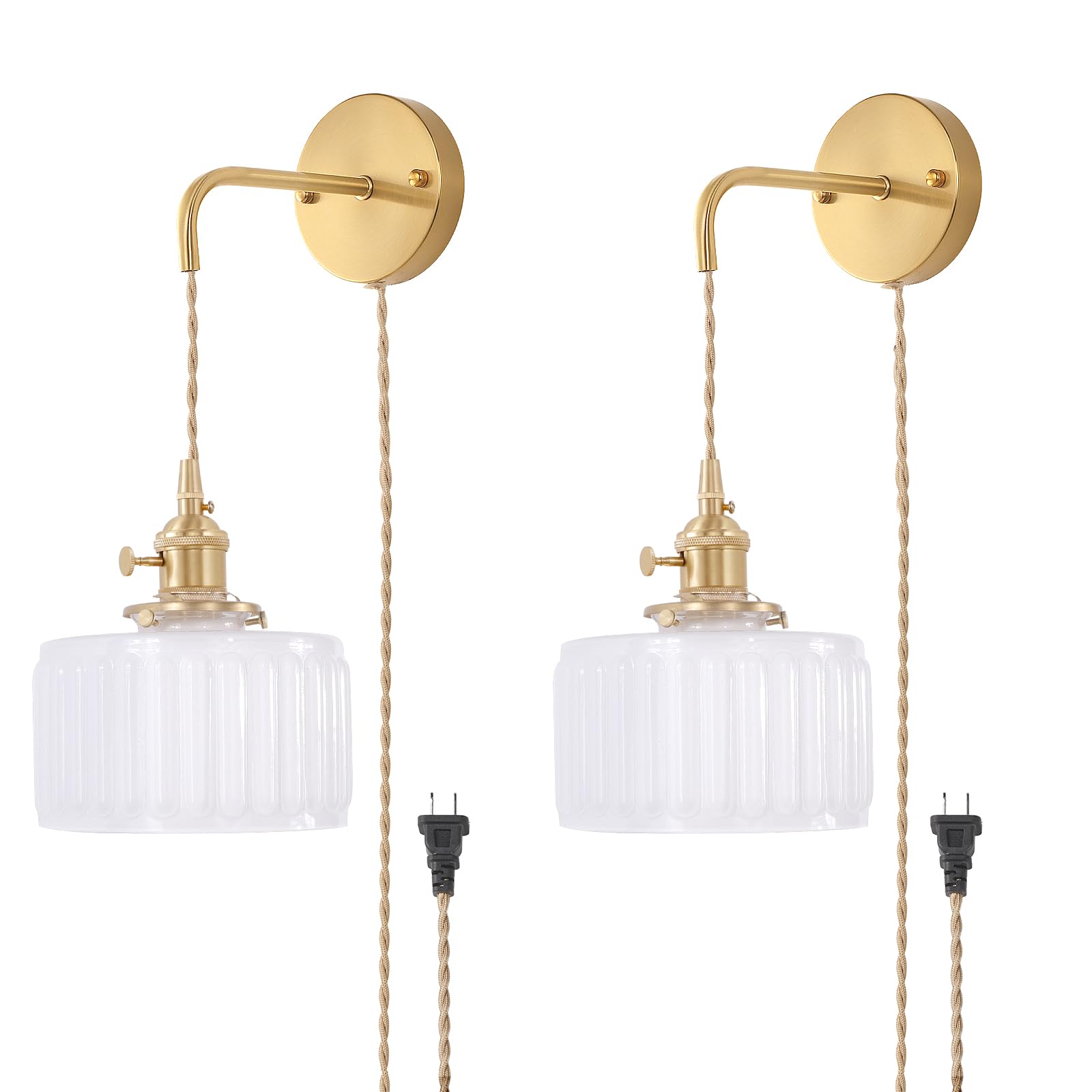 Shenmoyl Vintage Wall Sconce Wall Lamp with Amber Striped Glass Shade Hanging Wall Sconce with 4.9FT Plug in Cord, Modern Wall Lamp Fixtures Decor for Bedside Bedroom Indoor Doorway
