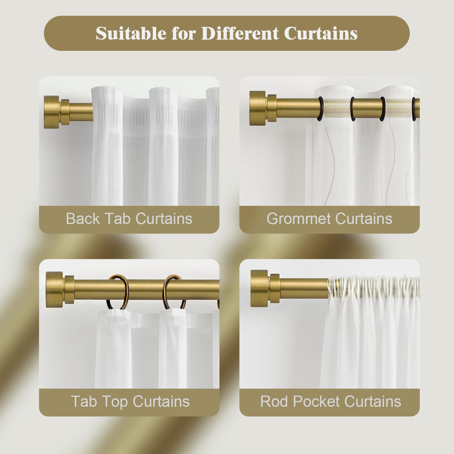 Oneach Heavy Duty Curtain Rods for Windows 72 to 144 Inch, 1 Inch Brass Gold Curtain Rod, Adjustable Length Rod with Metal Finials, Modern Decorative for Bedroom Kitchen Living Room (16 to 150 Inch)